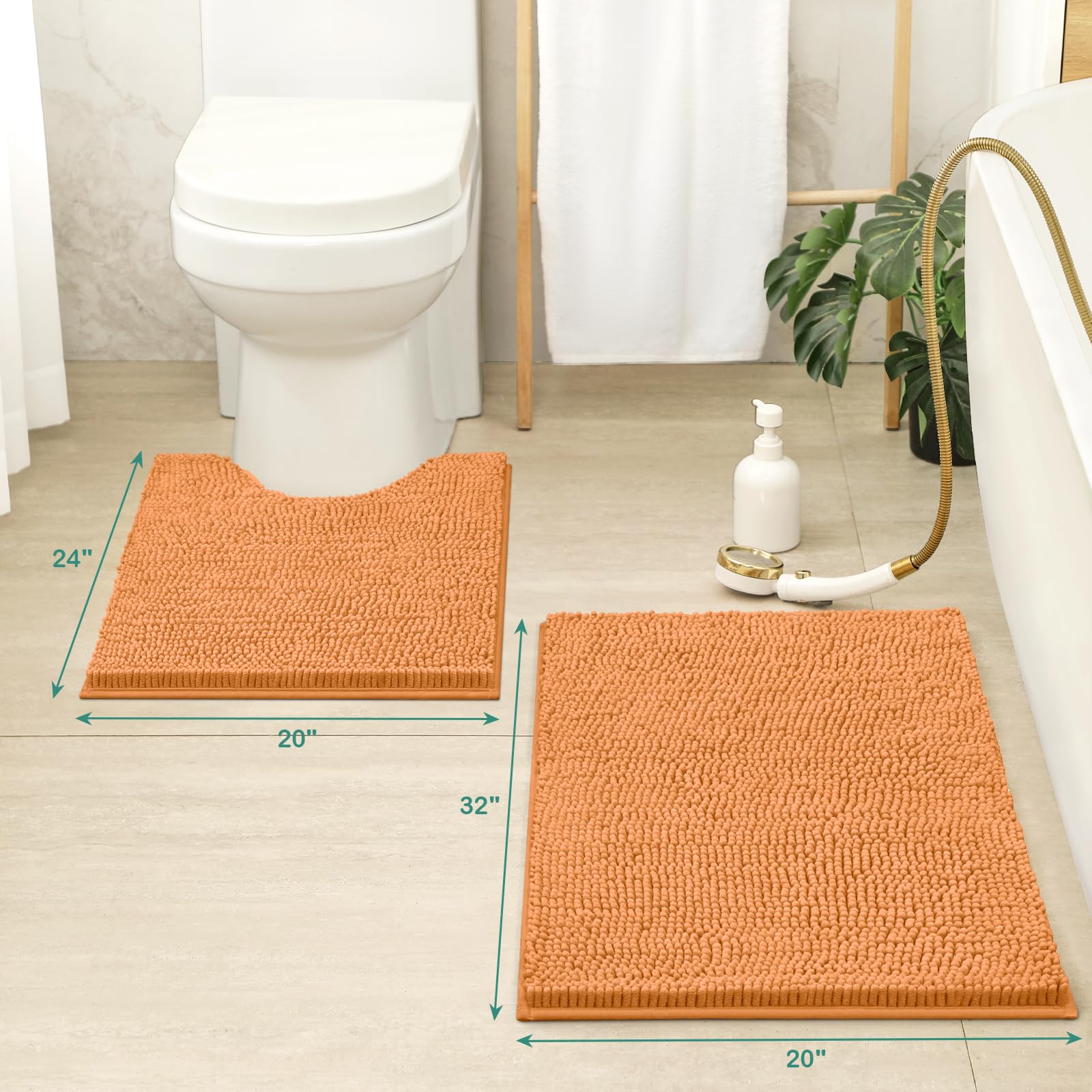 HOMEIDEAS 2 Pieces Bathroom Rugs  Ultra Soft Non Slip Absorbent Chenille Toilet Bath Mat Set (Orange)