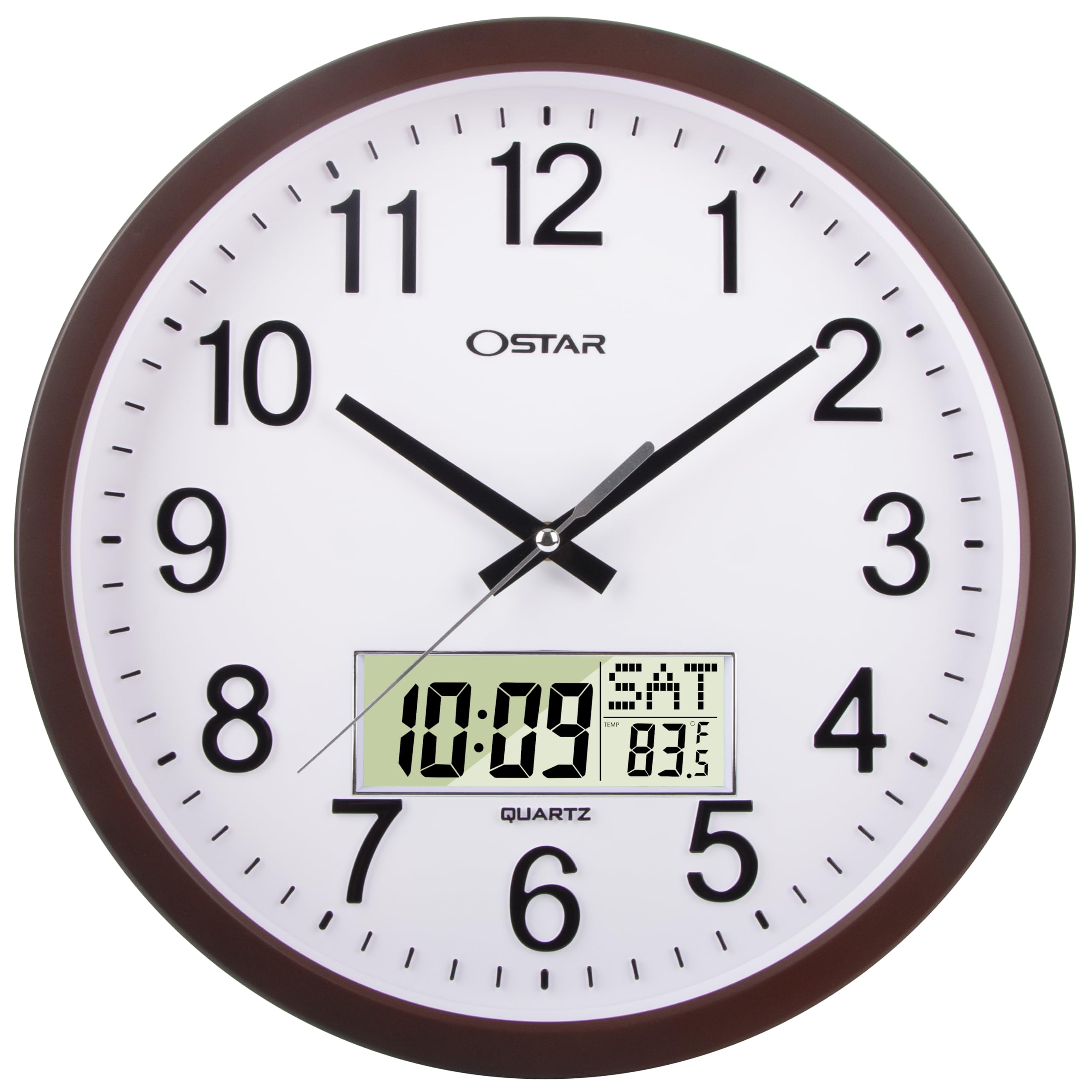 Ostar 14 Large Analog Digital Display Wall Clock Silent Non-Ticking, Day Of The Week Temperature Battery Operated Clock For Livi