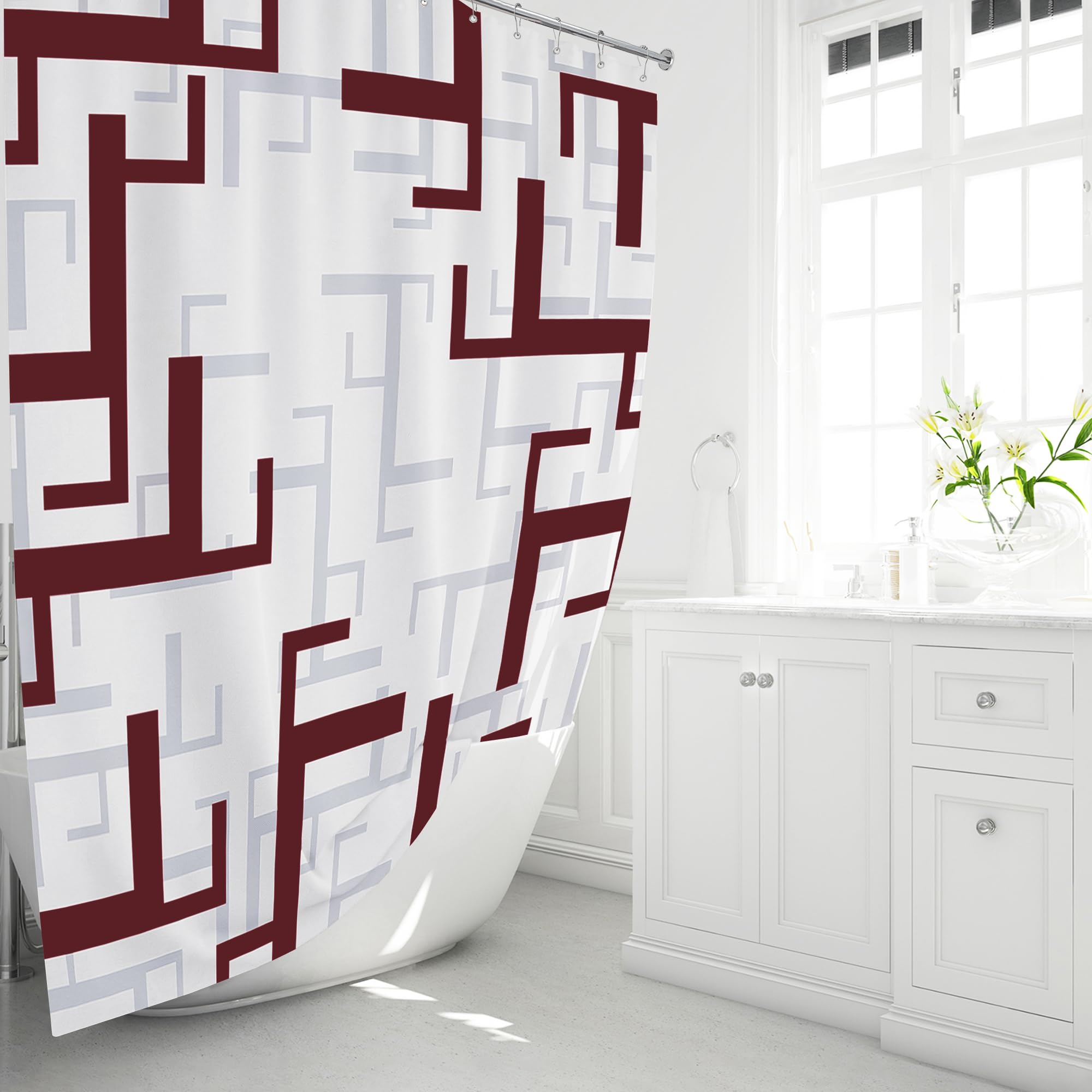BTTN Burgundy Fabric Shower Curtain  Geometric Cloth Shower Curtain Set with 12 Plastic Hooks  Water Repellent  Machine Washable  Hotel Modern Decorative Polyester Shower Curtains for Bathroom  72x72