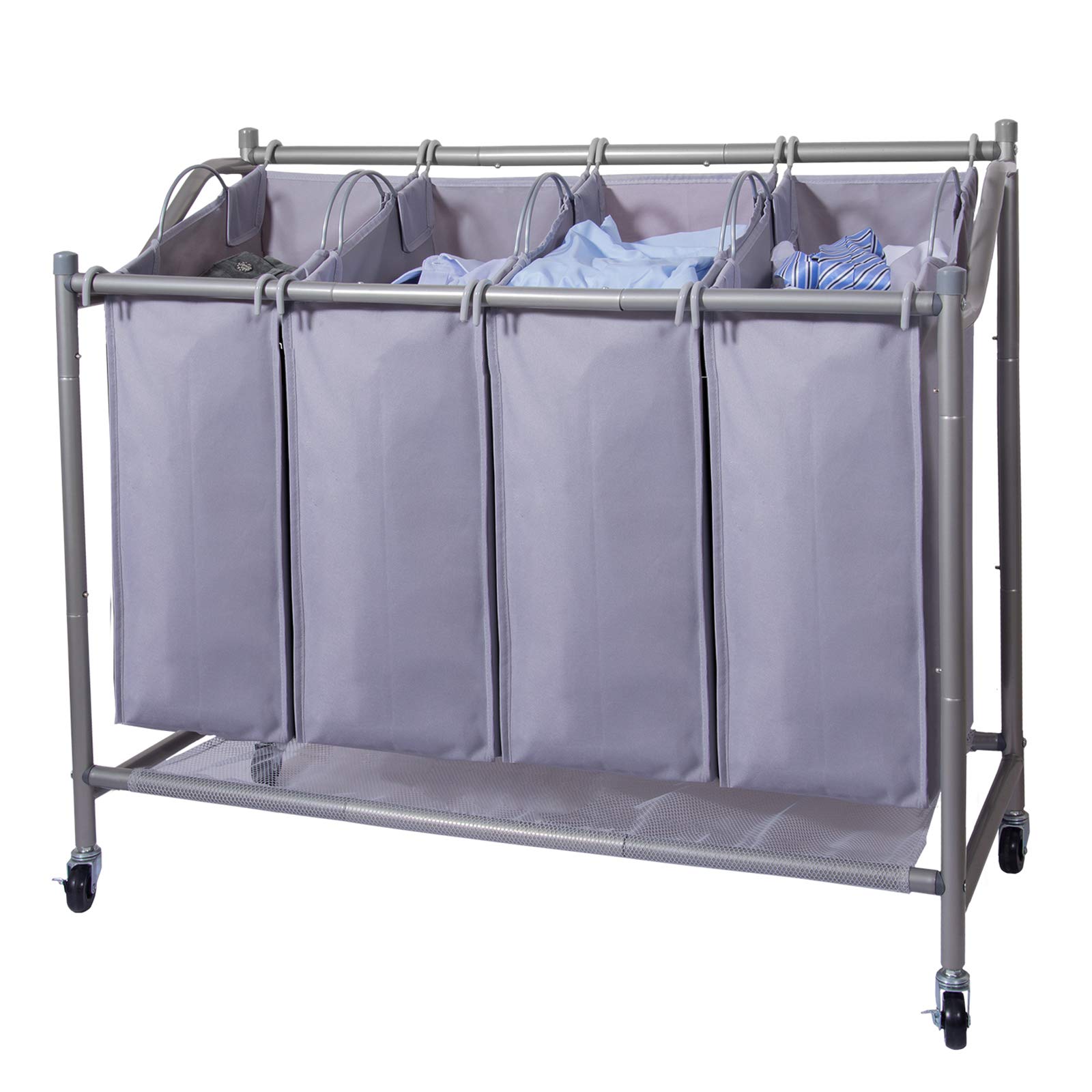 Laundry Sorter Cart 4-Bag Classics Rolling Laundry Hamper, Sturdy Frame With 60Kg Weight Capacity, Gray