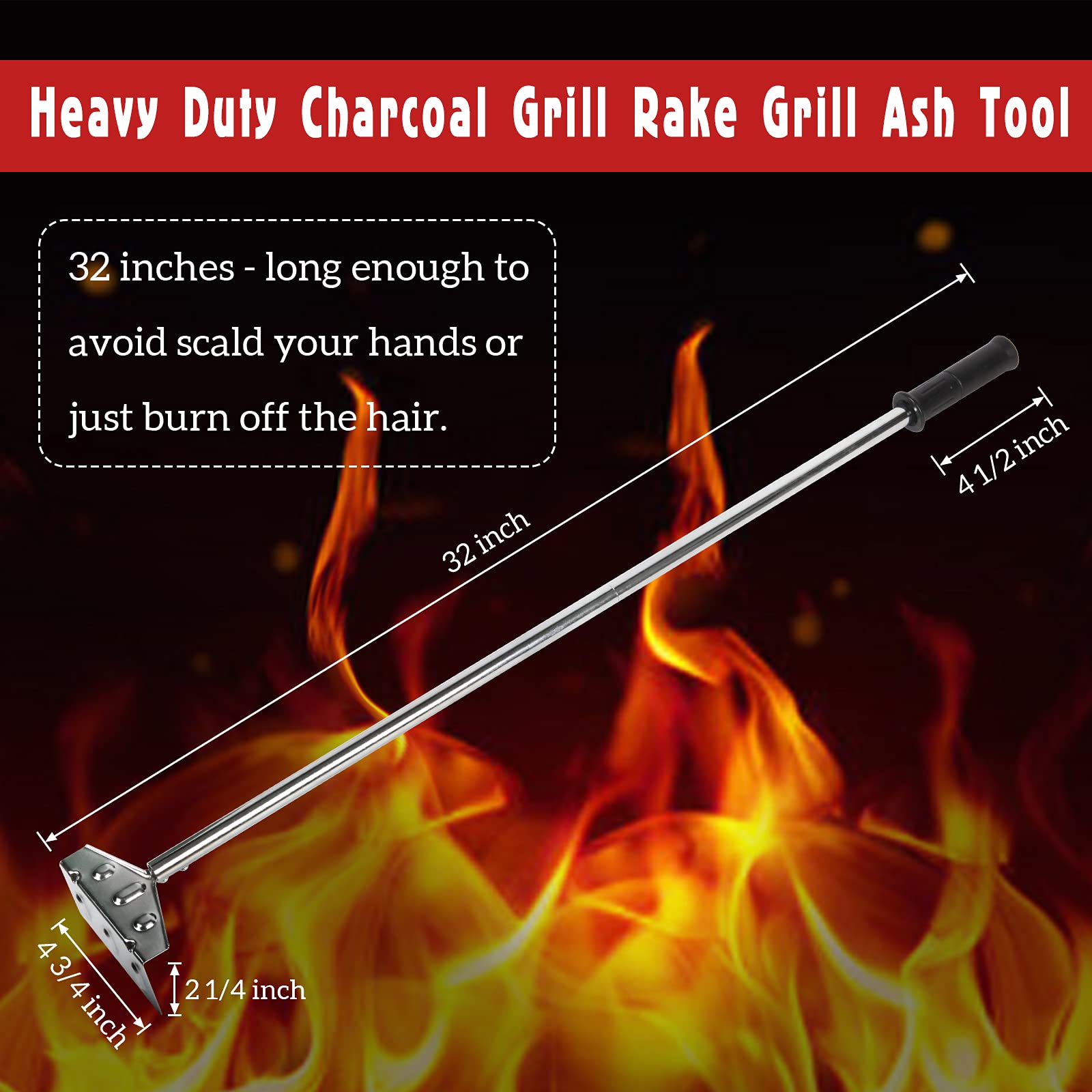 Mydracas Heavy Duty Charcoal Grill Rake Grill Ash Tool Accessories with Rubber Handle  Charcoal Kettle Grill Pizza Oven Ash Rake -32 inch