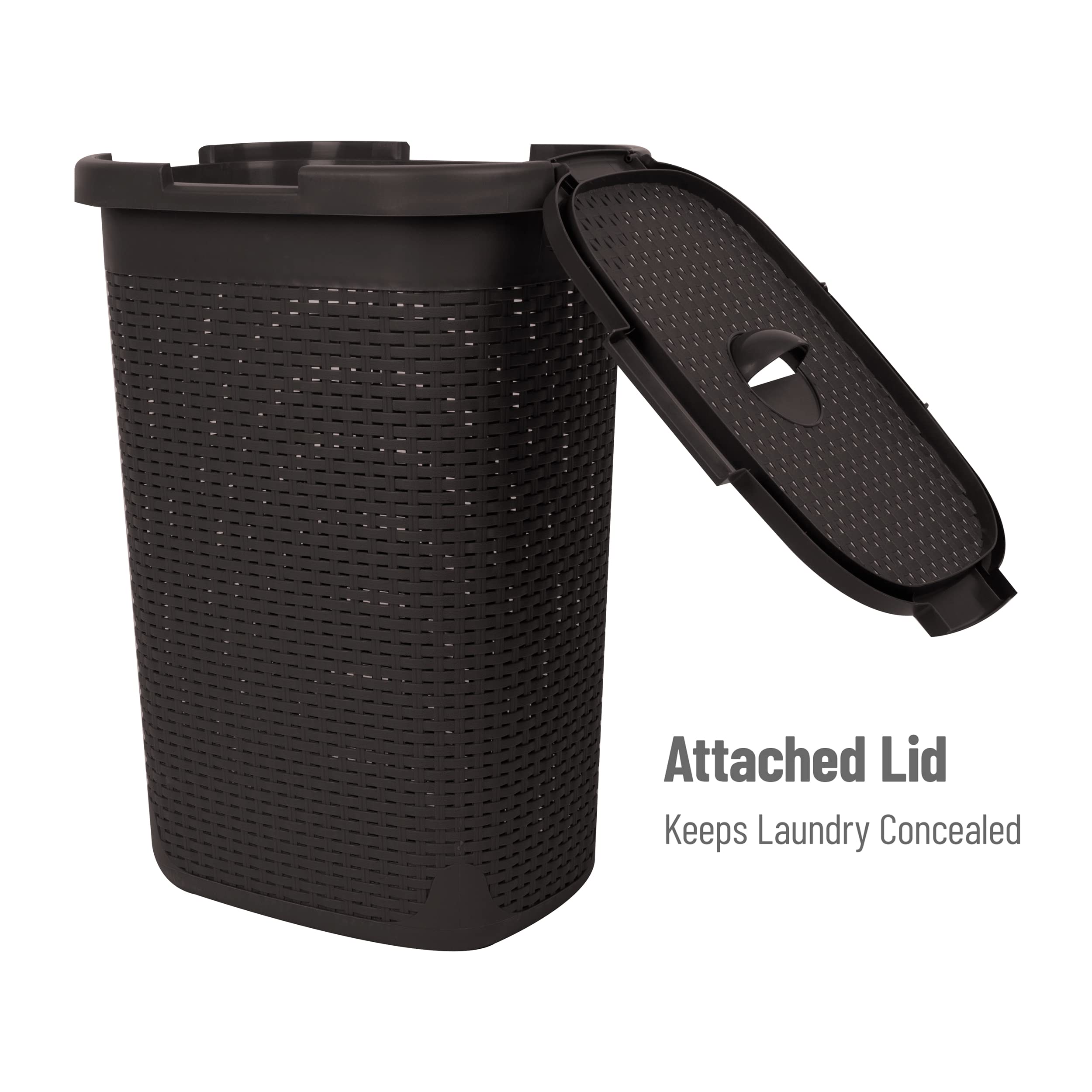 Mind Reader 60L Slim Laundry Hamper, Clothes Basket, Lid, Wicker Style, Plastic, 17.65''L X 13.75''W X 24.15''H, Set Of 2, Brown
