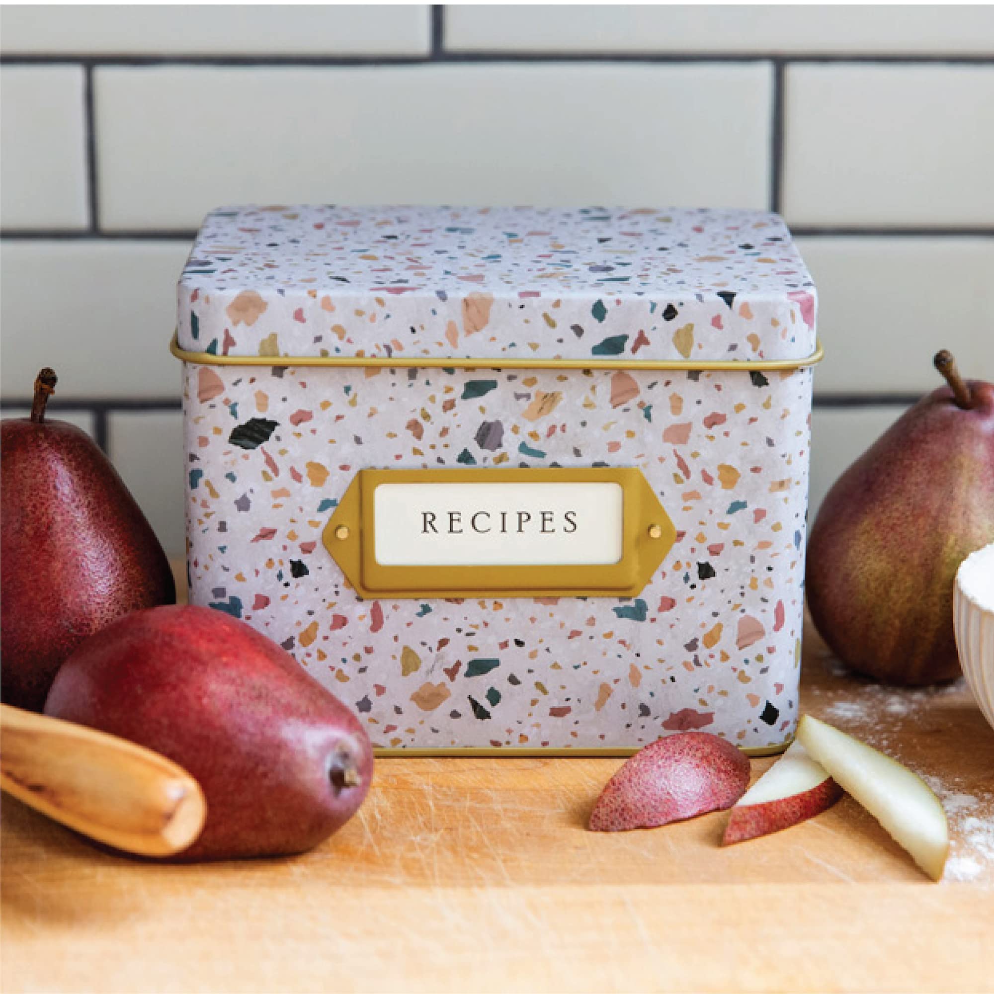 Jot & Mark Decorative Recipe Tin Box For Recipe Cards, Greeting Card Holder | Holds Hundreds Of 4    X 6    Cards (Terrazzo)
