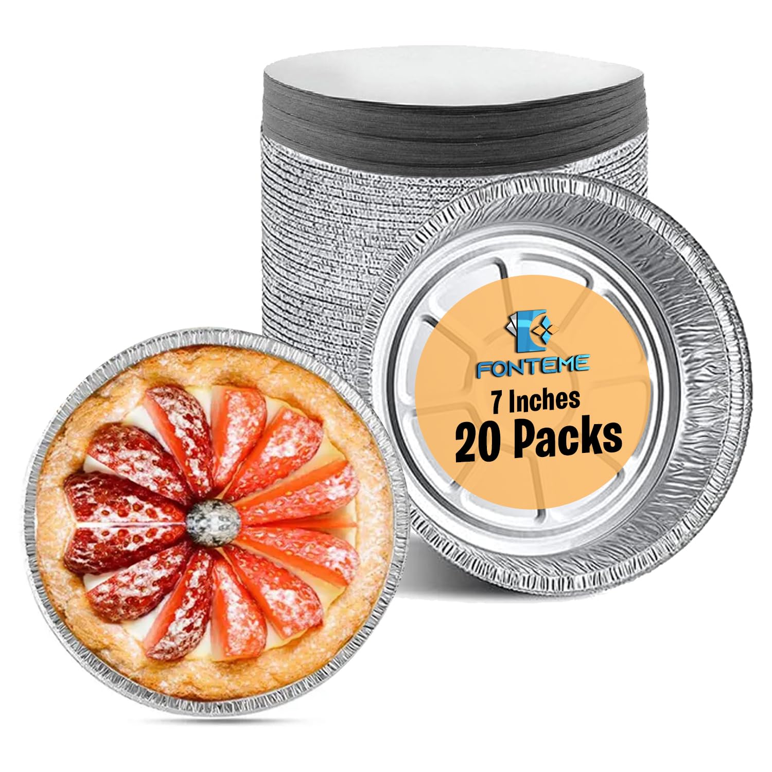 Fonteme Round Aluminum Foil Pan With Board Lids - 20 Pack | 7 Inch Circular Aluminum Pie Pans | Bpa-Free, Freezer & Oven Safe |