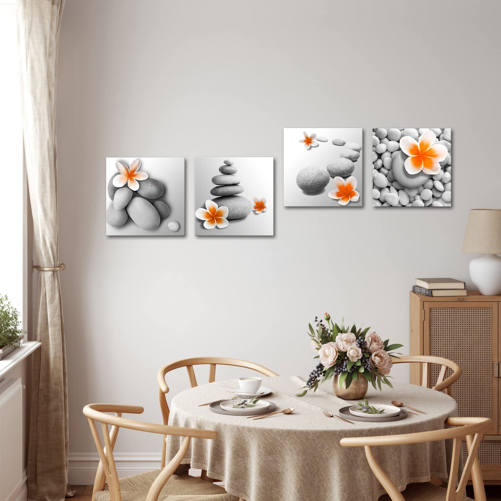 iKNOW FOTO Zen Stone with Orange Flower Wall Art  Framed Canvas Print for Relaxing Bathroom  Bedroom  Spa D?cor  Tranquil Nature-Inspired Design  Ready to Hang (12x12 inches)