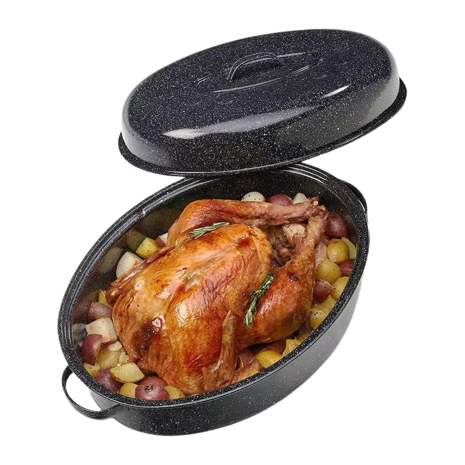 19    Turkey Roasting Pan Enamel Oval Granite Large Roaster Pan with Lid with 17in Inner Diameter Large Capacity Suitable for Th