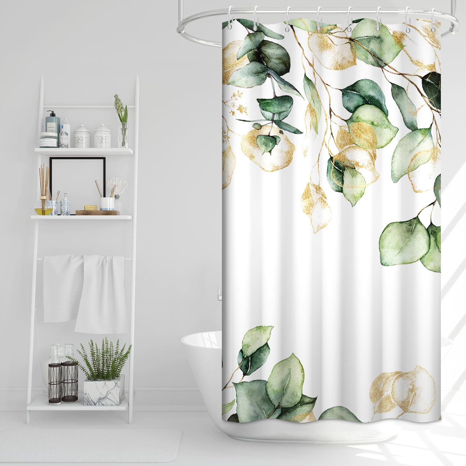 Ruelvth Stall Shower Curtain, Watercolor Green And Gold Eucalyptus Small Shower Curtain Set Waterproof Fabric Spring Bathroom De