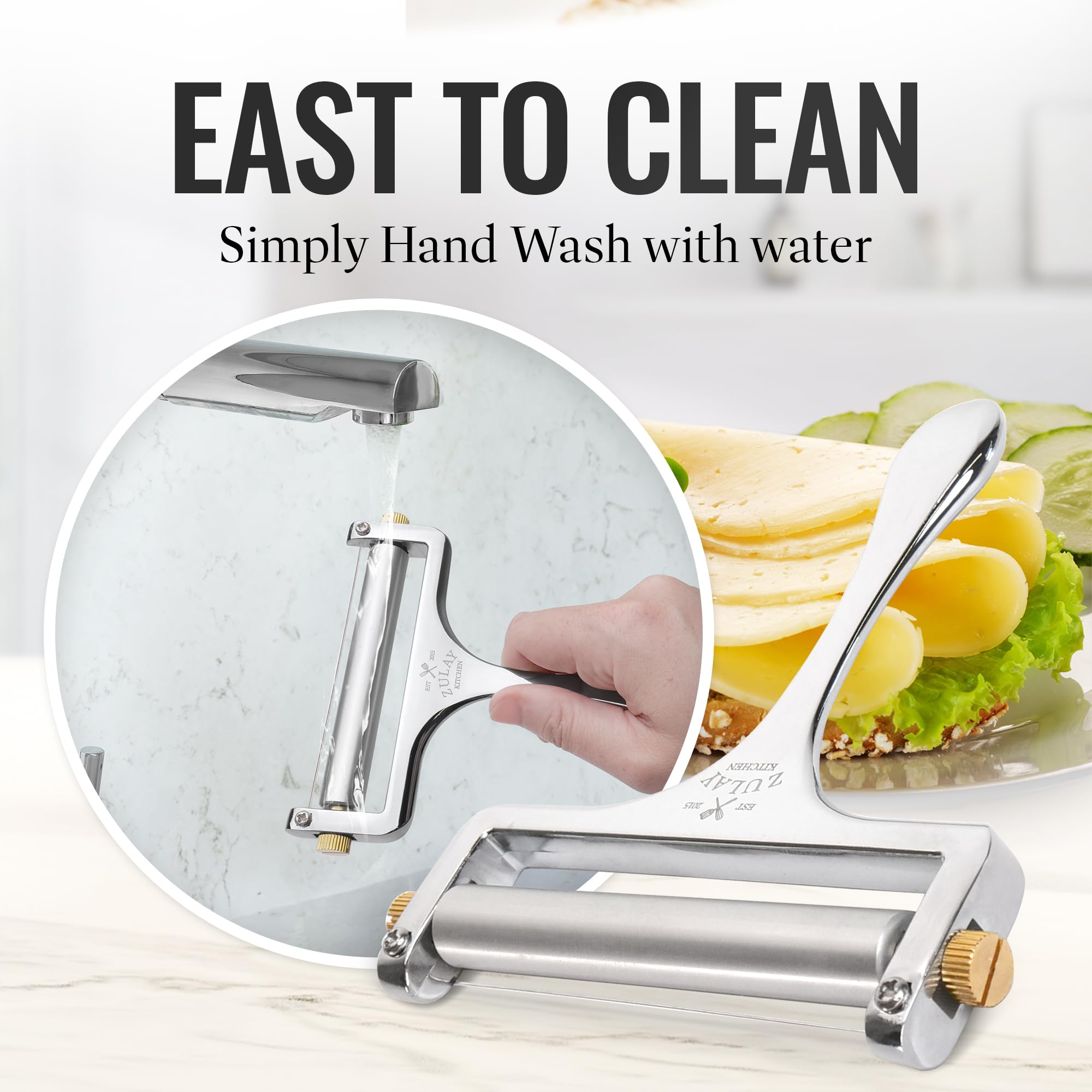 Zulay Cheese Slicer - Adjustable Thickness Wire Cheese Cutter, Heavy Duty Stainless Steel, Silver, for Mozzarella, Cheddar, Gouda