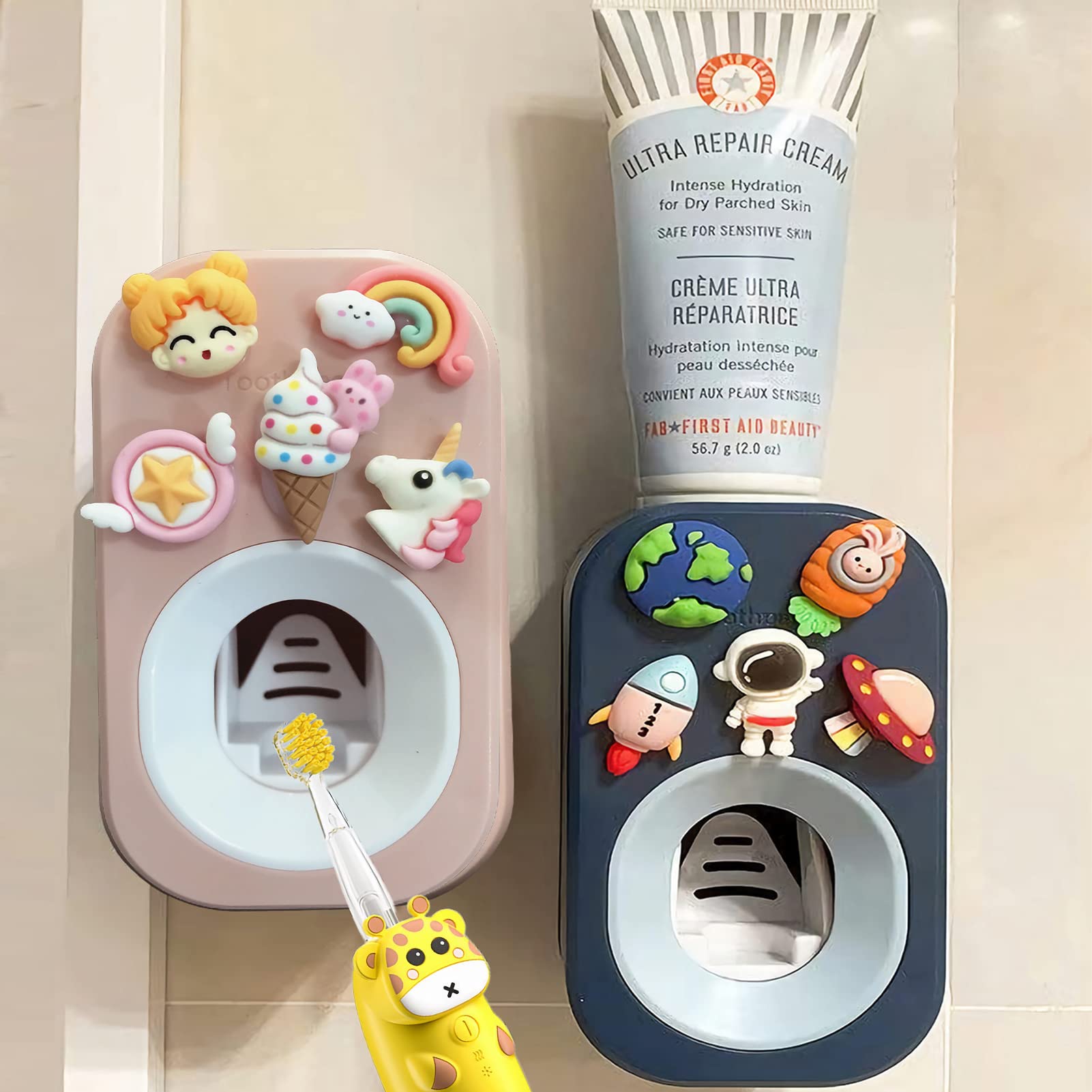 Automatic Kid Toothpaste Dispenser Wall Mounted For Bathroom,Toothpaste Squeezer For Kids & Family Shower By Mr. Thumbs (2Pc,Ast