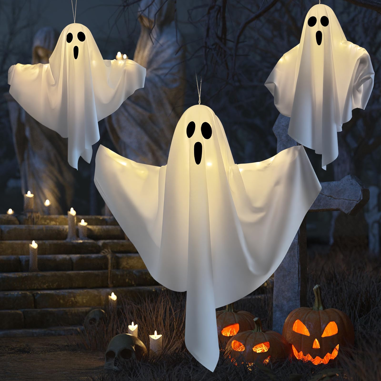 Halloween Light-up Ghost Decorations, White Hanging Flying Ghosts for Front Yard, Patio, Lawn, Garden, Party, 22.5 Inch, 3 Pack