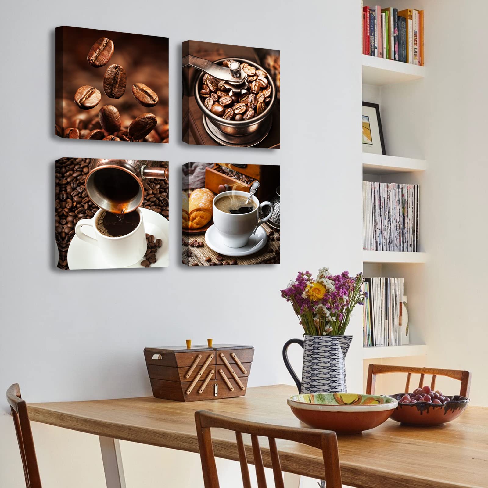 Kitchen Wall Art Coffee Decor Canvas Prints Coffee Cup Latte Mocha Cafe Drinking Pictures Brown 4 Panel Modern Artwork For Dinin