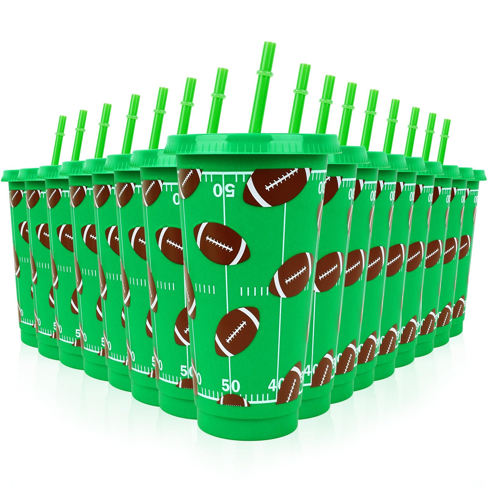 Hooqict 16 Pack Football Plastic Cups with Lids and Straws 24oz Reusable Tumbler Football Cups Water Bottle Bulk for Birthday Sp