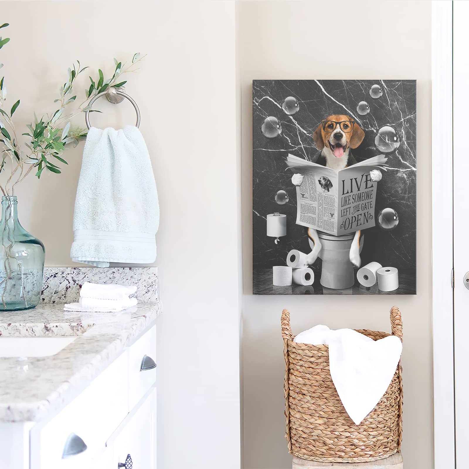 Beagle Dog Sitting In Toilet Bathroom Decor Wall Art Funny Beagle Pictures Black And White Bathroom Wall Decor Farmhouse Dogs Pa