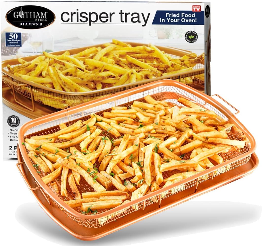 Gotham Steel Air Fryer Tray, 2 Piece Nonstick Copper Crisper Air Fry Basket For Convection Oven, Also Great For Baking & Crispy