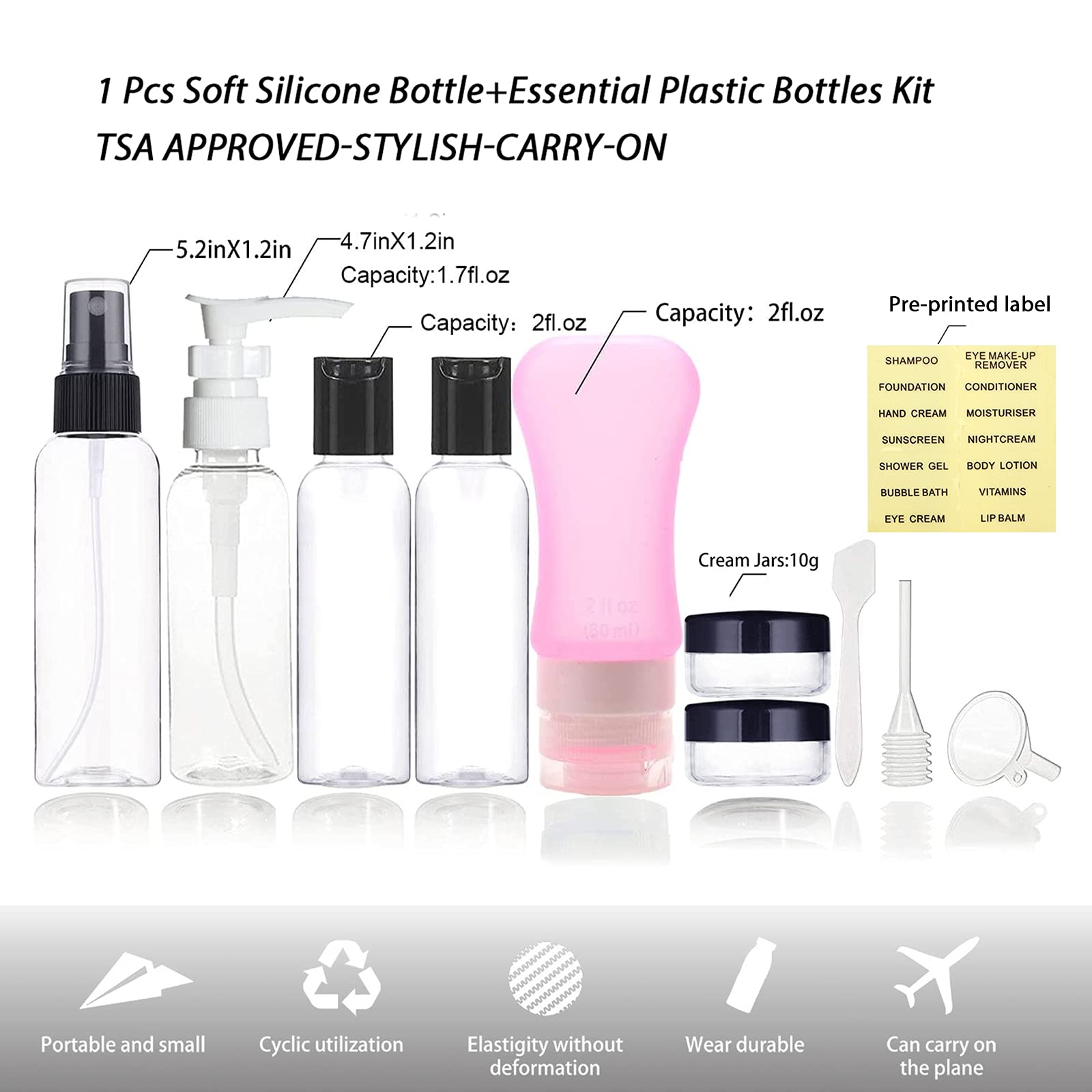 Yictek Empty Travel Bottles Containers Set For Toiletries, Tsa Approved Travel Size Toiletries Bottles Kit For Liquids Shampoo C