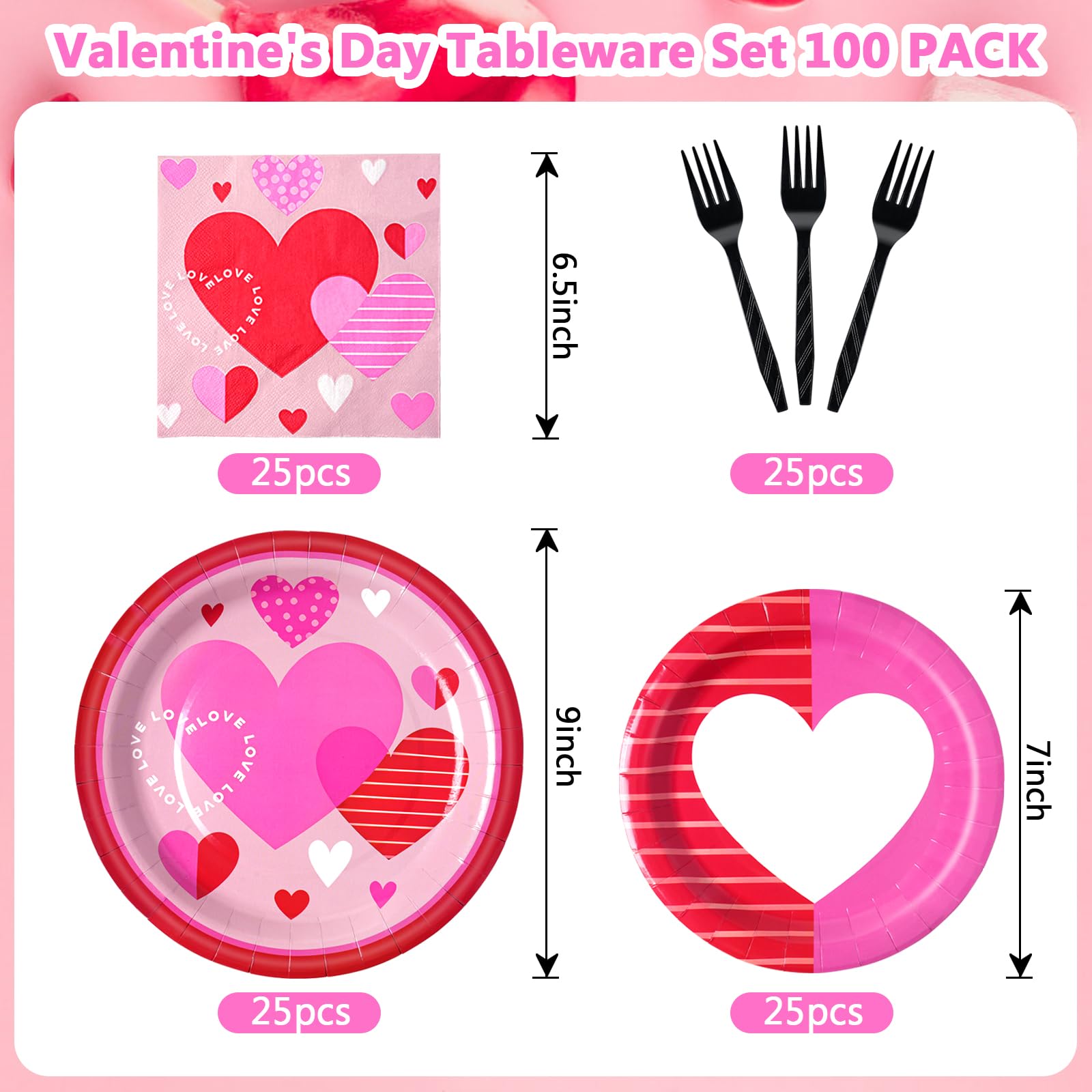 Dereinwo 100Pcs Valentines Day Paper Plates And Napkins, Disposable Party Supplies For Valentine'S Day Party Decorations, Valent