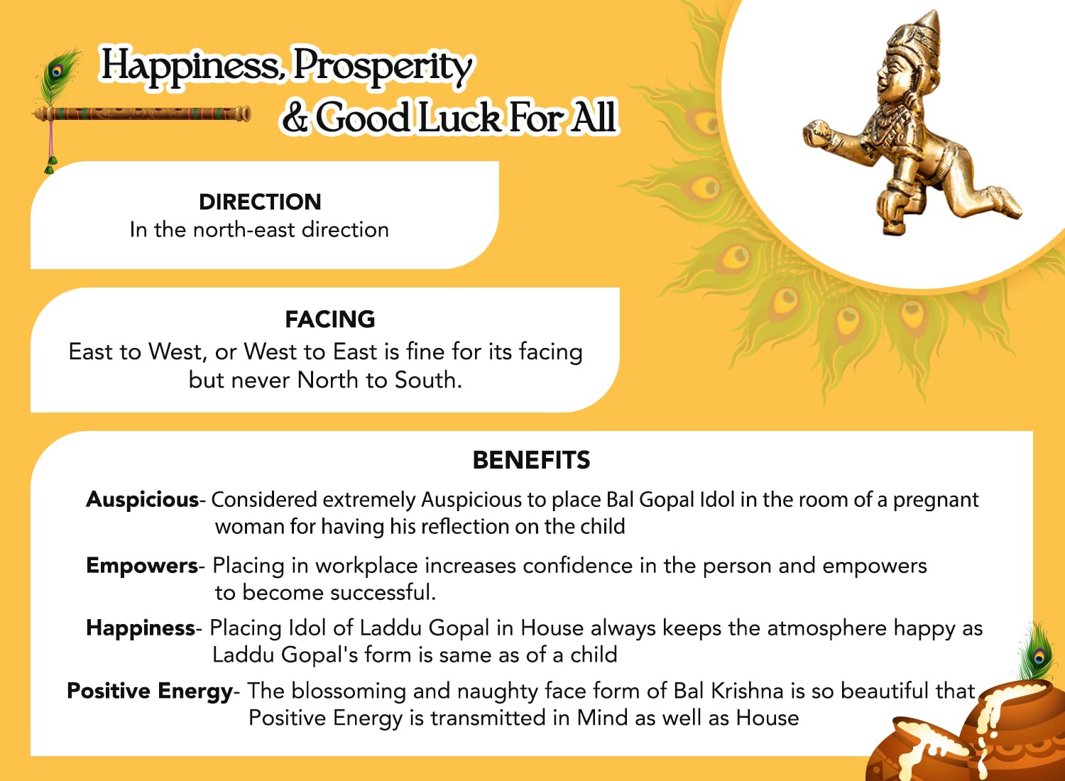 Ekhasa 100% Pure Brass Bal Gopal Murti (Size: 8.4 cm) | Laddu Gopal Murti for Pooja Room | Baby Krishna Idol for Home | Bal Kris