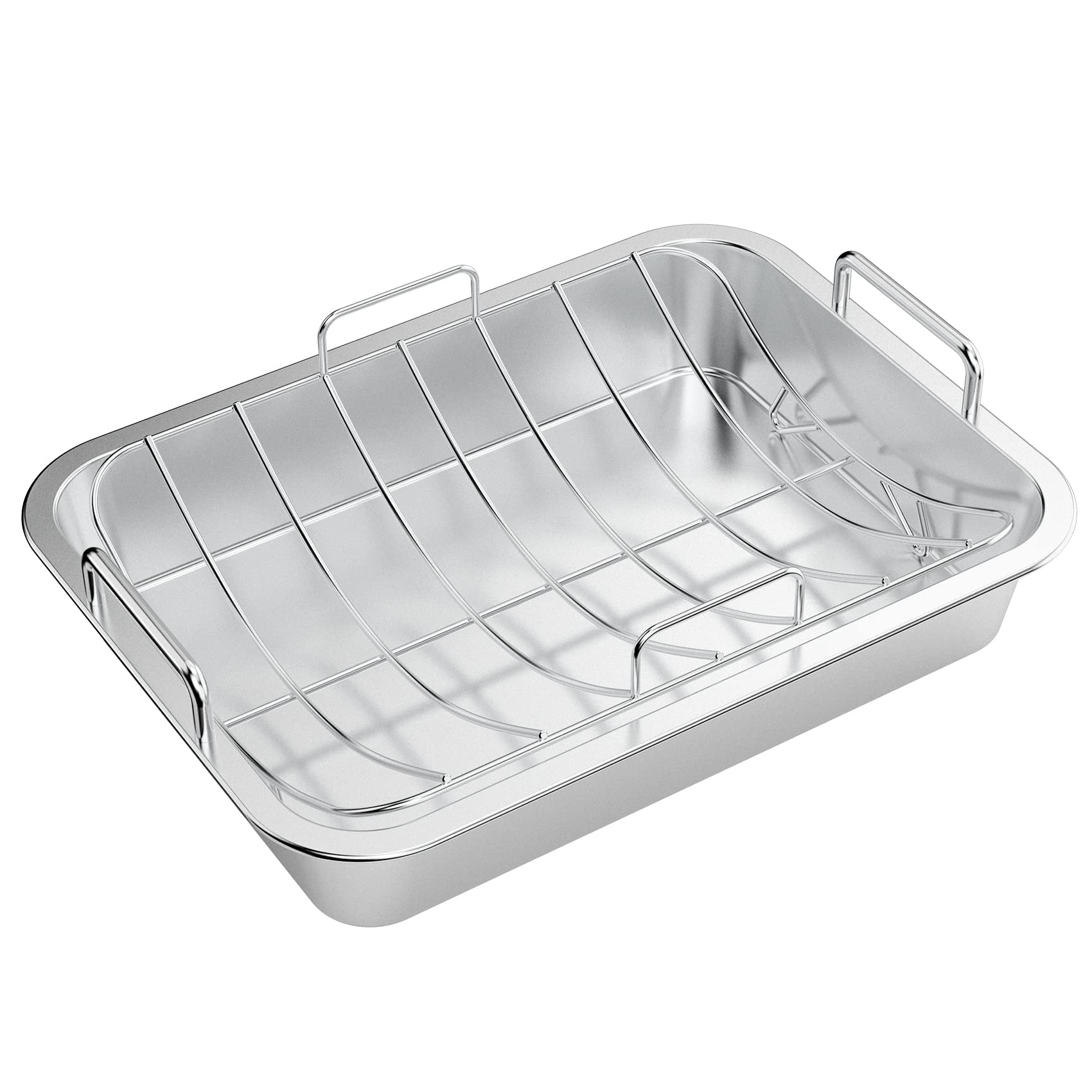 Onlyfire Roasting Pan With U-Rack - Stainless Steel Barbecue Bakeware Roaster, 16 Inch Rectangular Turkey Roaster Lasagna Pan Fo