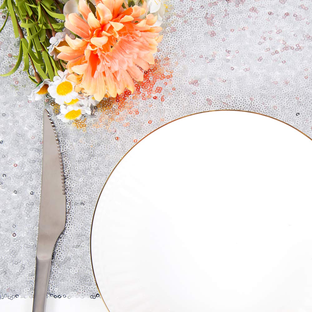 Jyflzq Silver Sequin Table Runners 12''X72'' Pack Of 5 Glitter Sequin Fabric Table Linens - Sparkly Runners For Wedding & Birthd