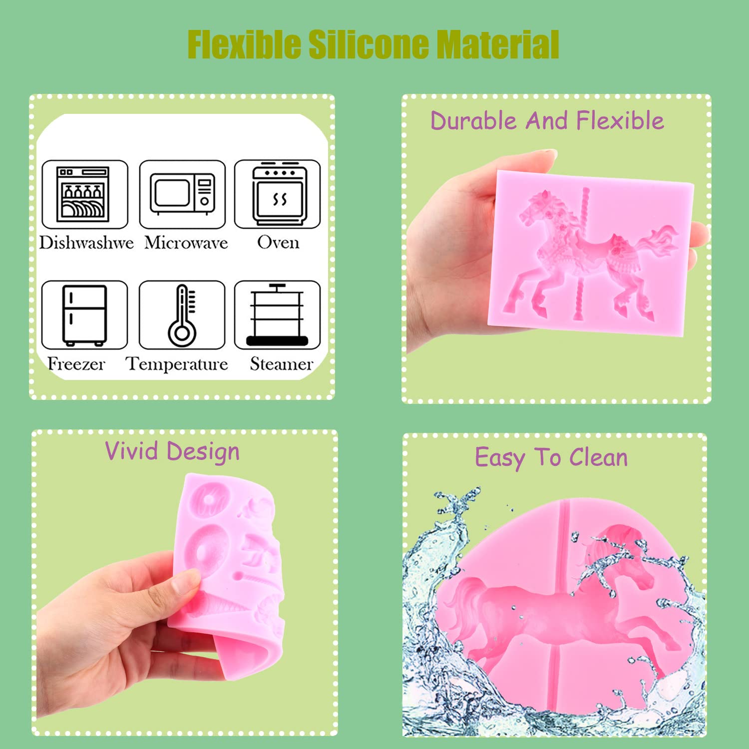Mujiang Carousel Horse Silicone Fondant Mold 3D Merry-Go-Round Chocolate Lollipop Gum Paste Mold For Baby Shower Cake Decorating