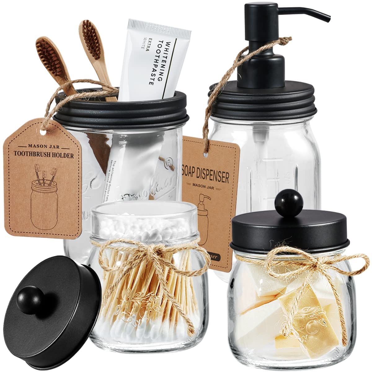 Amolliar Mason Jar Bathroom Accessories Set 4 Pcs -Lotion Soap Dispenser & 2 Cotton Swab Holders & Toothbrush Holder - Rustic Fa