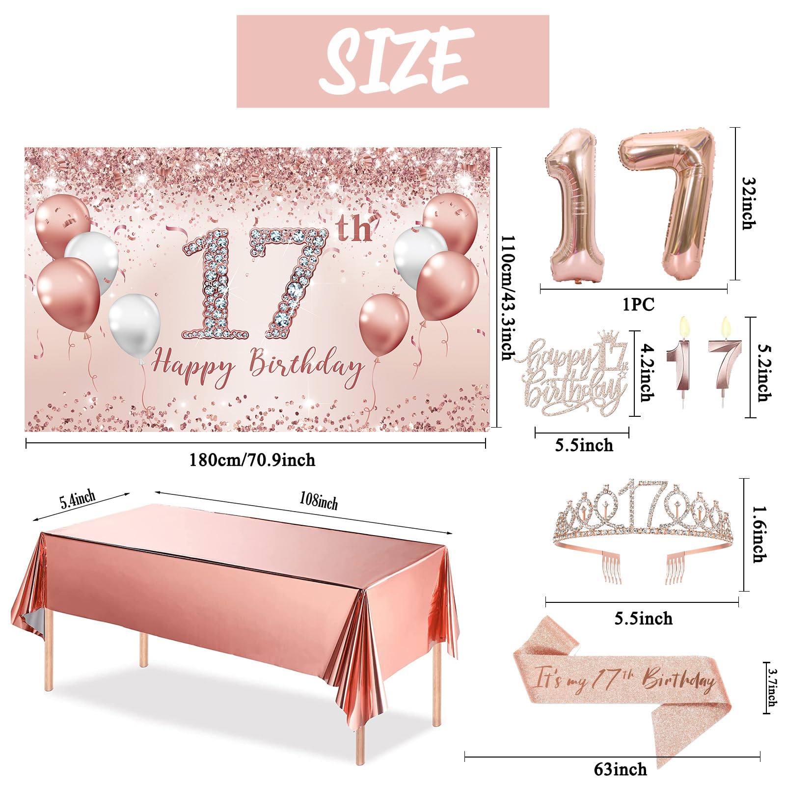 Trgowaul 17Th Birthday Decorations For Girls, Rose Gold 17 Birthday Banner, Tablecloth, 17Th Birthday Sash And Crown, 1Pc 17Th C