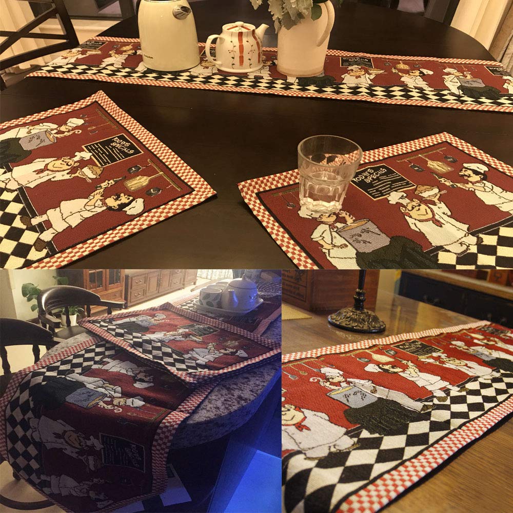 Kepswet Cotton Linen Chef 1 Table Runner And 4 Placemats Value Pack For Dining Table Kitchen Accessories Table Mats Set (Red)