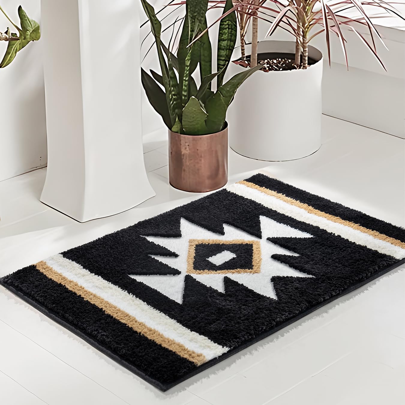 Tanvill Bathroom Rugs Boho Bath Mat Non Slip Black Aztec Bath Rug, Soft Absorbent Luxury Plush Washable Floor Carpet For Bathroo