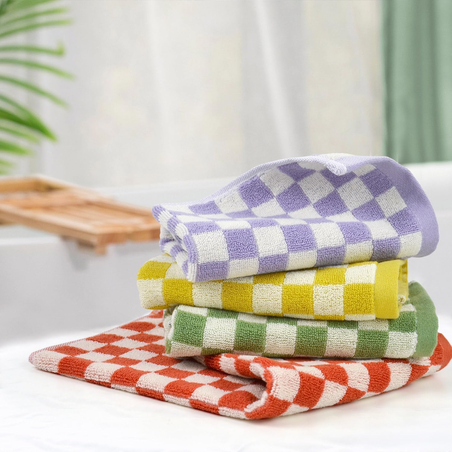 Wash Cloths For Showering Cotton Checkered 4 Pack 4 Colors - Cotton Washcloths For Face Body, 13 X 13 Inches Daily Cleansing Kit