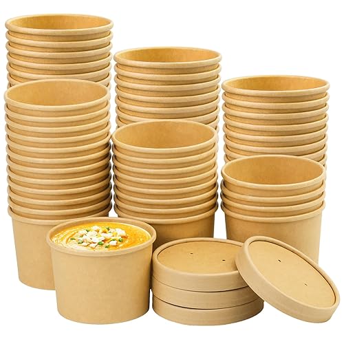Wuadua 12OZ 75 Pack Paper Soup Containers with Lids  Disposable Kraft Food Cups  Soup Cups Paper Ice Cream Cups  Dessert Cups Yogurt Ice Cream Containers.Great For Restaurants  Take Outs  To-Go Lunch