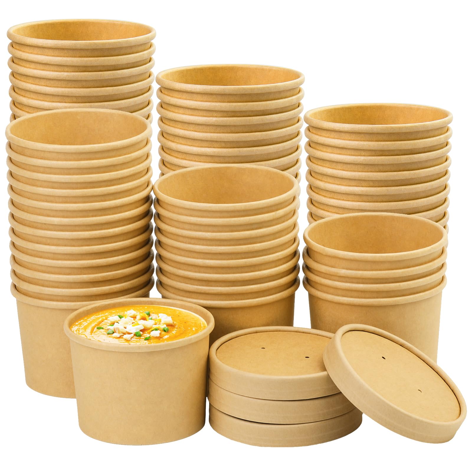 Wuadua 12Oz 75 Pack Paper Soup Containers With Lids, Disposable Kraft Food Cups, Soup Cups Paper Ice Cream Cups, Dessert Cups,Yo