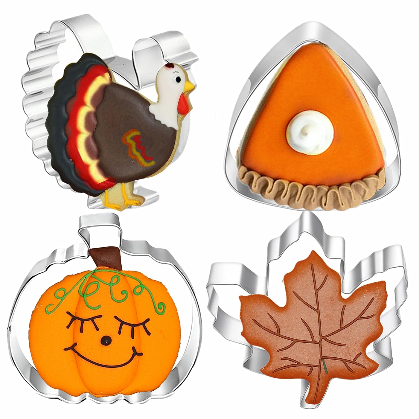 4 Pcs Large Fall Thanksgiving Cookie Cutter Set With Recipe Instructions, Holiday Shapes Of Pumpkin, Maple Leaf, Corn Candy, Tur