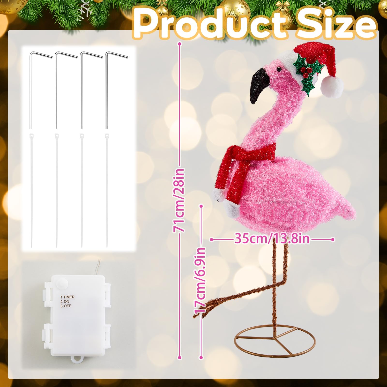 Flamingo Christmas Decorations, 28 Inch Lighted Pink Flamingo Outdoor Christmas Holiday Yard Display, Pre-lit with LED Lights fo