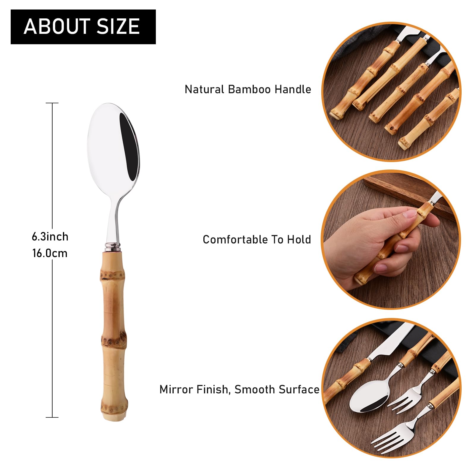 Uniturcky Dessert Spoon Set With Bamboo Handle, 8-Piece Stainless Steel Shiny Silver Dessert Spoon, Natural Bamboo Cutlery, Crea