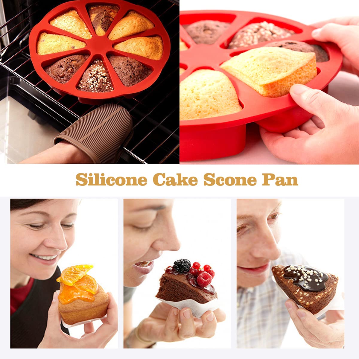 Gerlworld 2Pcs Silicone Scone Pan, Non-Stick Cake Baking Mold, Triangle 8 Cavity Pizza Pan, Food-Grade Silicone Mold Specialty A