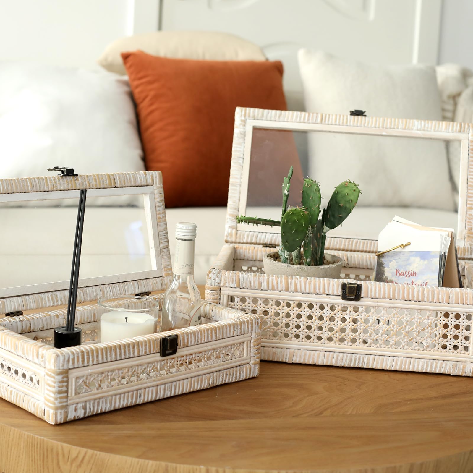 DECOR4SEASON Rattan and Cane Stacking Boxes with Glass Top Lid - Set of 2 11.8 and 14.1, for Boho and Rustic Farmhouse Decor, Wh