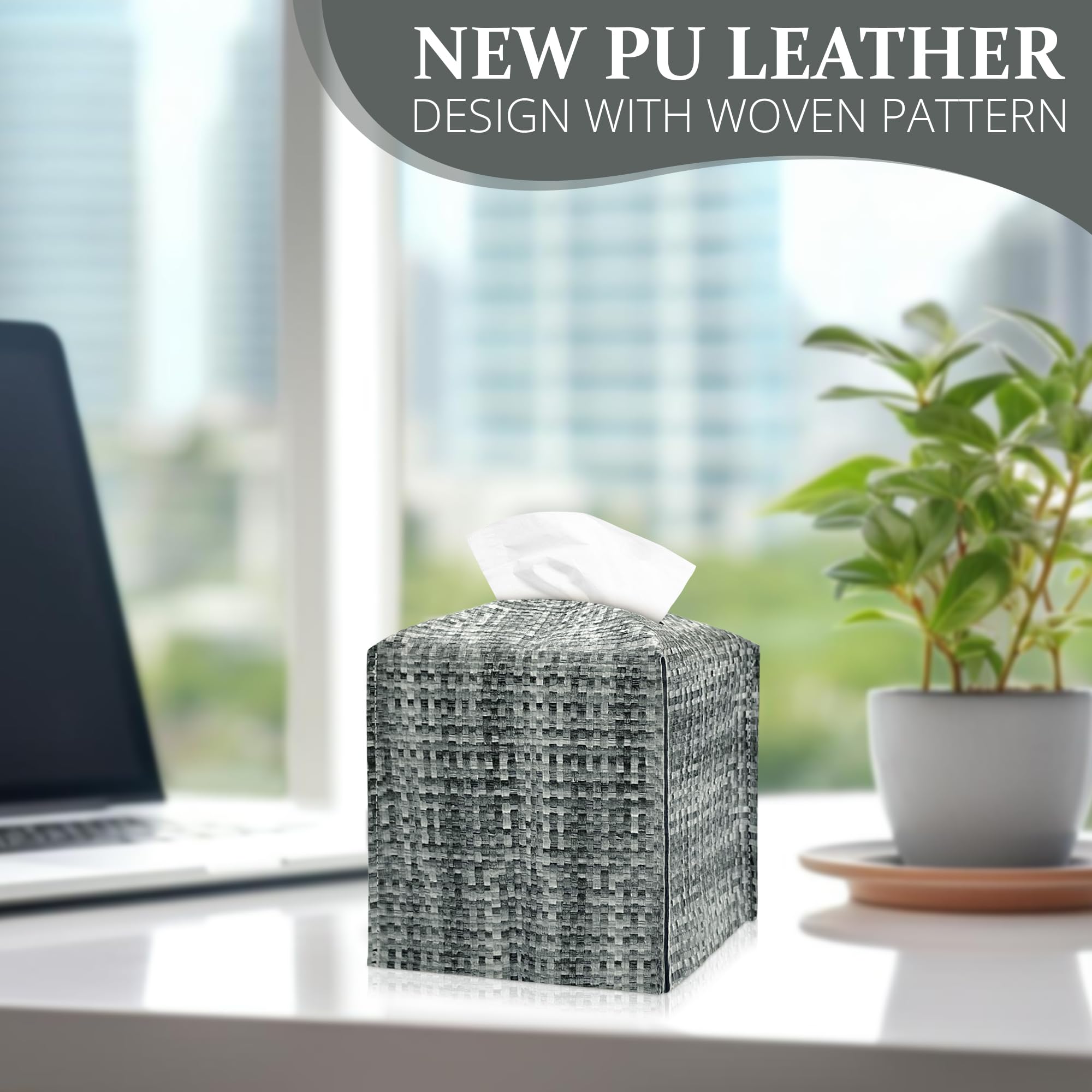 Tissue Box Cover, Pu Leather Tissue Box Holder With Bottom Belt, Modern Square Tissue Box Covers With Wide Opening (Black Gray,