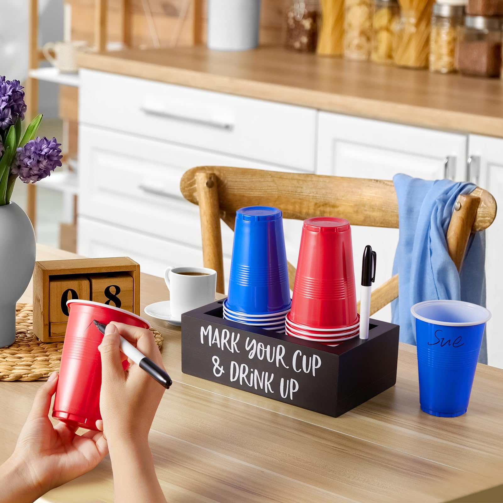 Drastar Double Disposable Cup Holder With Marker Slot, Mark Your Cup And Drink Up Caddy, Wood Disposable Cup Holder, Plastic Cup