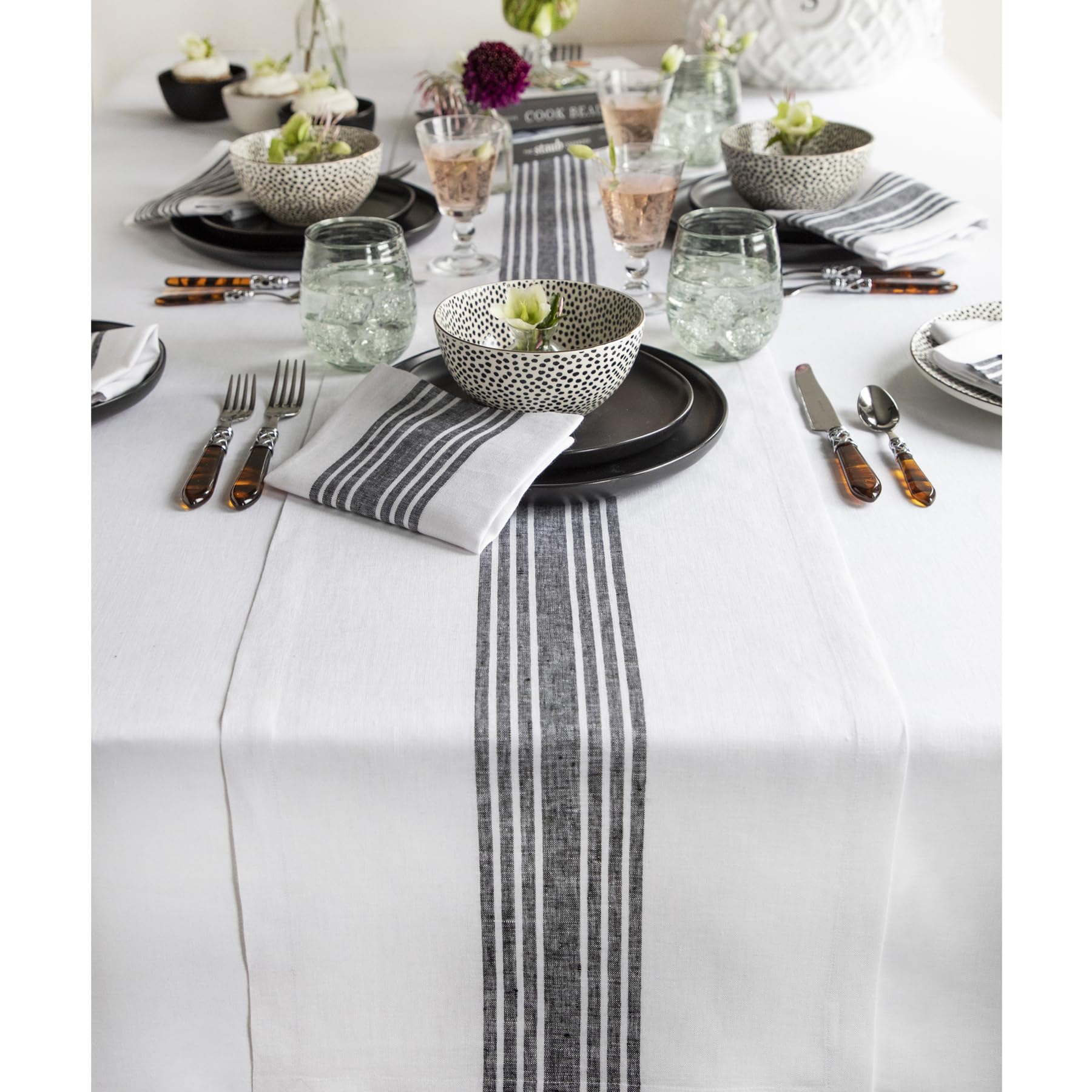 Solino Home Farmhouse Linen Black And White Table Runner 120 Inches Long - 100% Pure Linen Stripe Dining Table Runner 14 X 120 I