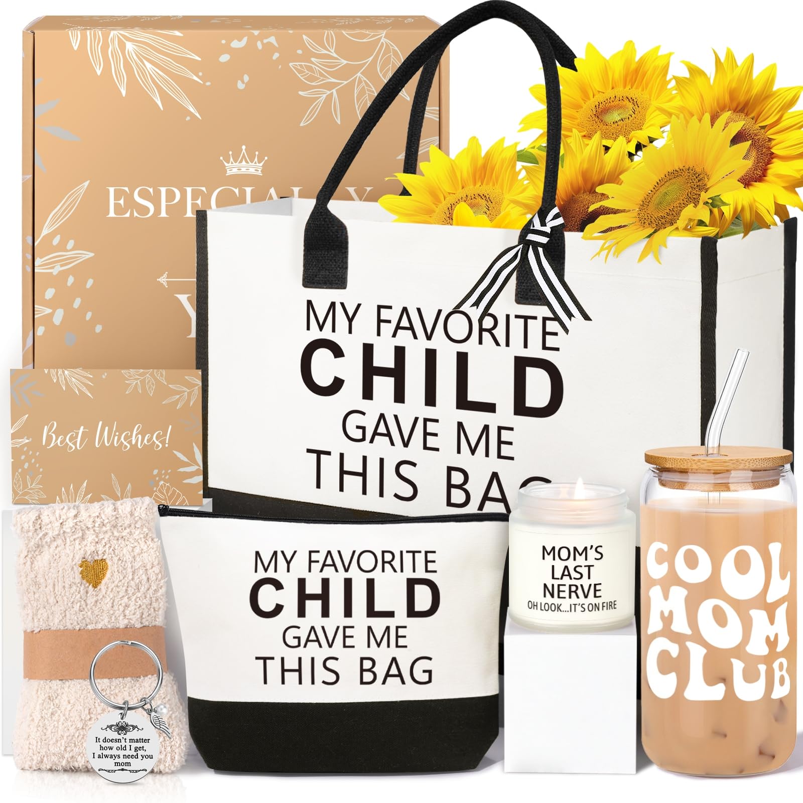 iAOVUEBY Mom Birthday Gifts, Mothers Day Gifts for Mom, 16 Oz Glass Cup Tote Bag Makeup Bag Gift Basket for Moms from Daughter S