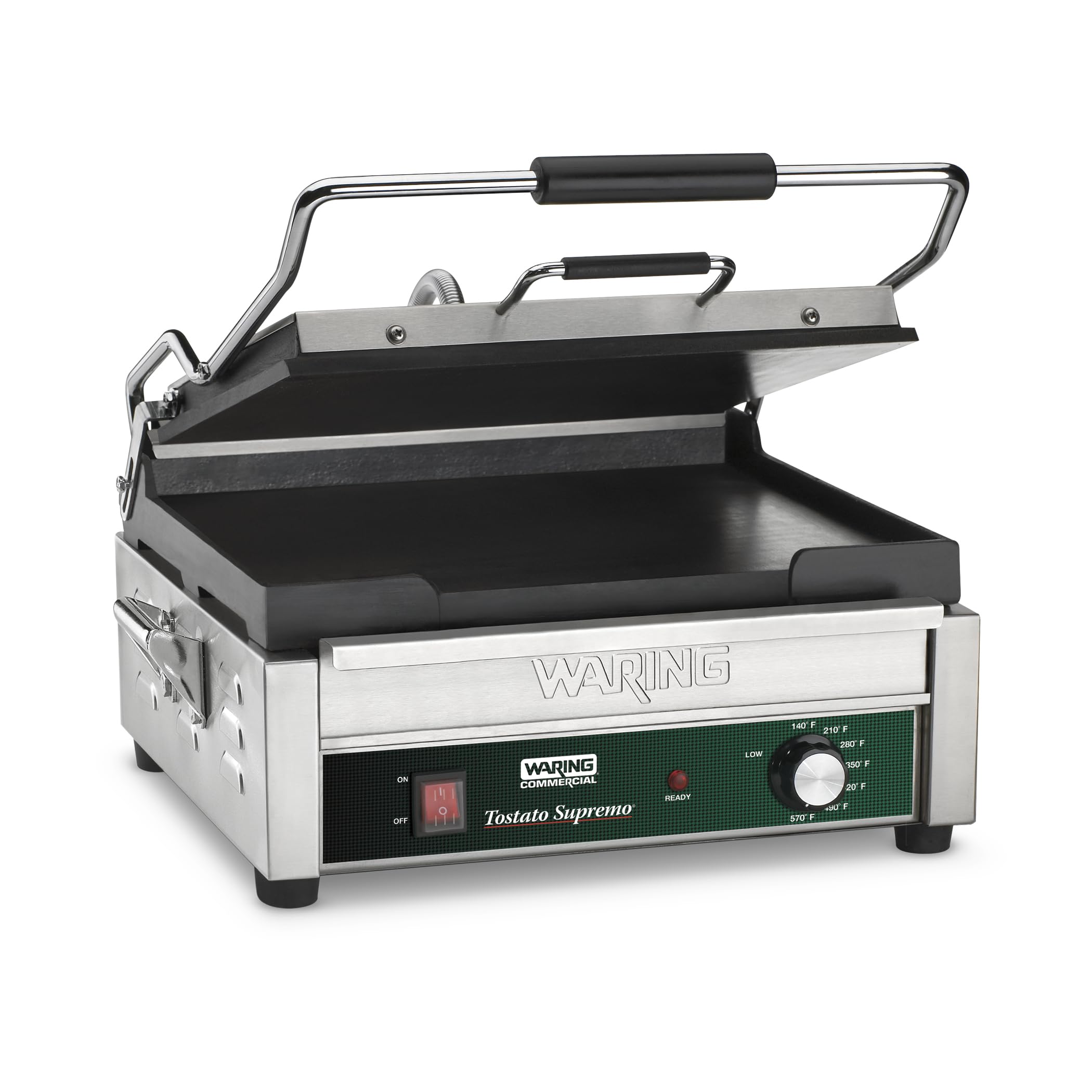 Waring Commercial Panini Press, Flat Cast Iron Plates, 14.5 x 11 Cooking Surface, 570F Adjustable Thermostat, for Sandwiches up 
