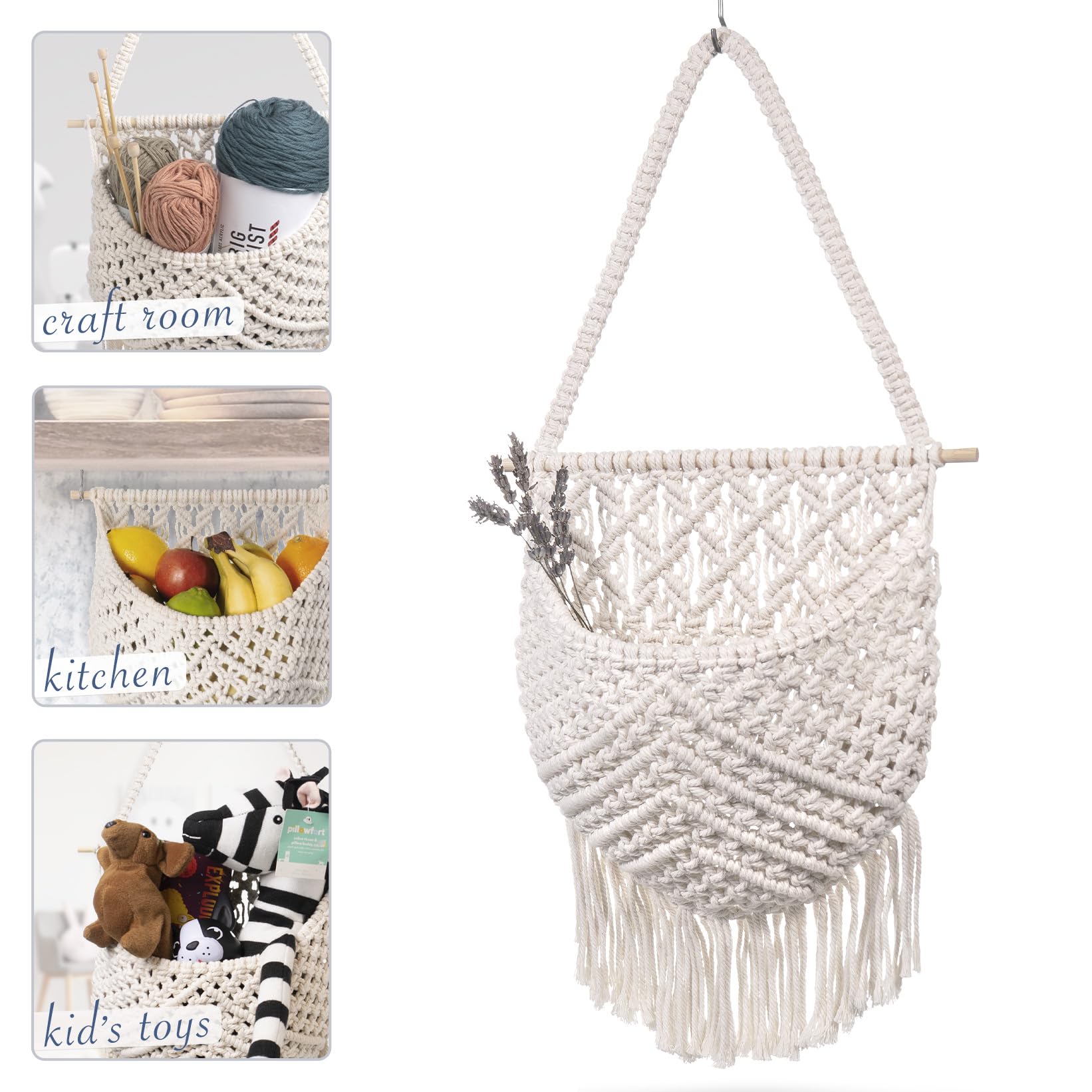 Macrame Fruit Basket, Vegetable and Fruit Hammock for Kitchen Under Cabinet - Hanging Wall Decor, Boho Baskets for Storage, Coun