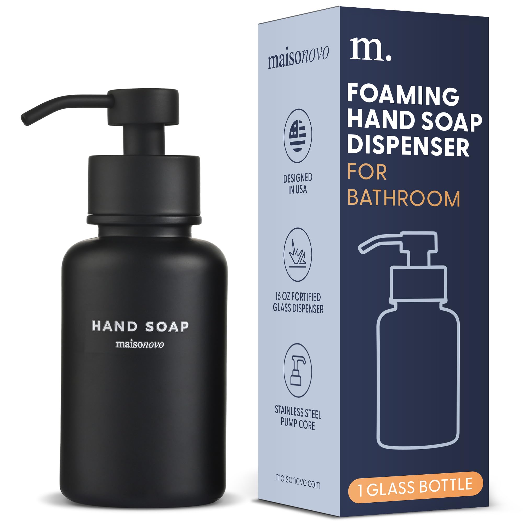 Maisonovo Glass Foaming Hand Soap Dispenser | Black Foaming Soap Dispenser Black Pump X 1 W/Labels
