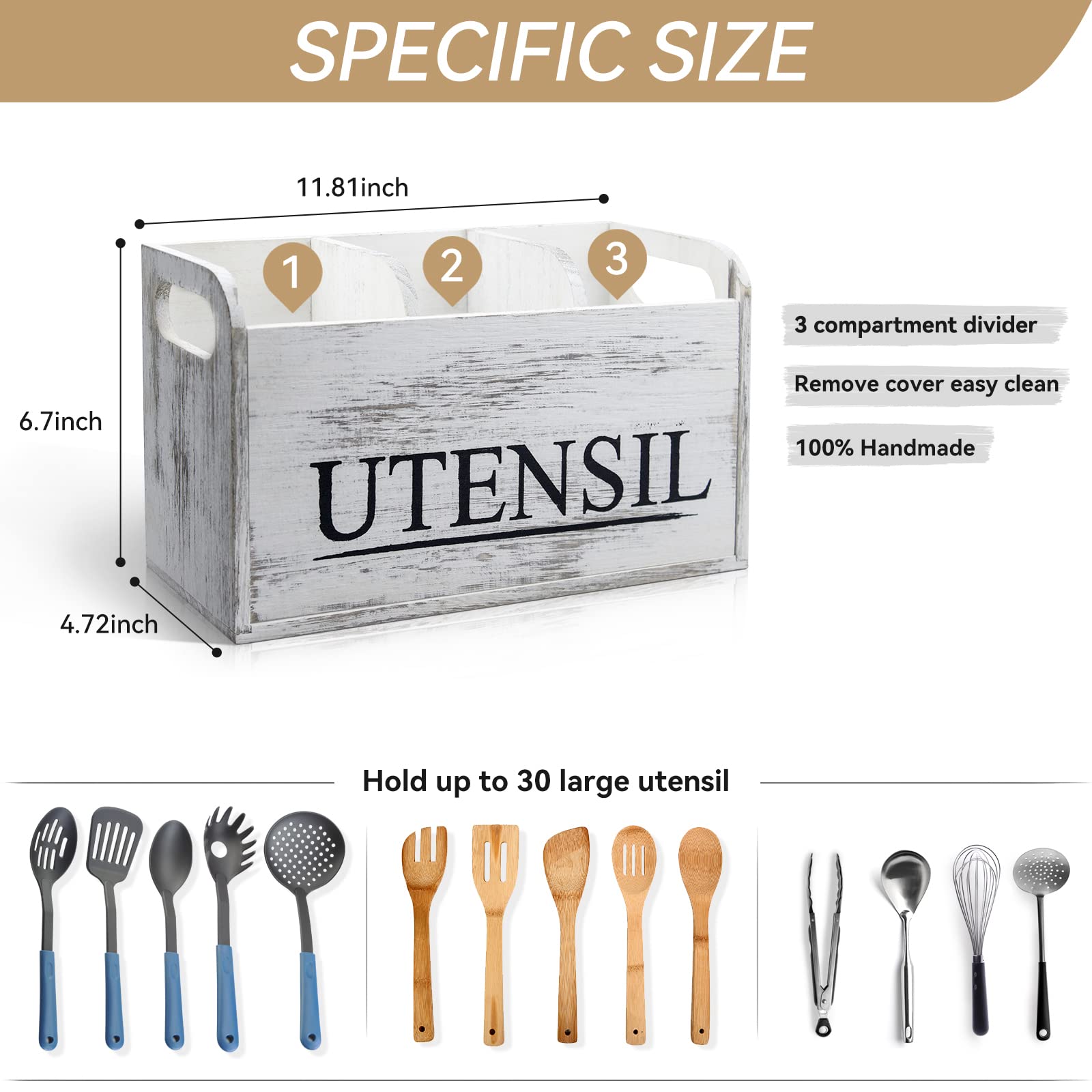 Brekle White Kitchen Utensil Holder Rustic Large Wooden Utensil Organizer Cooking Tools Storage