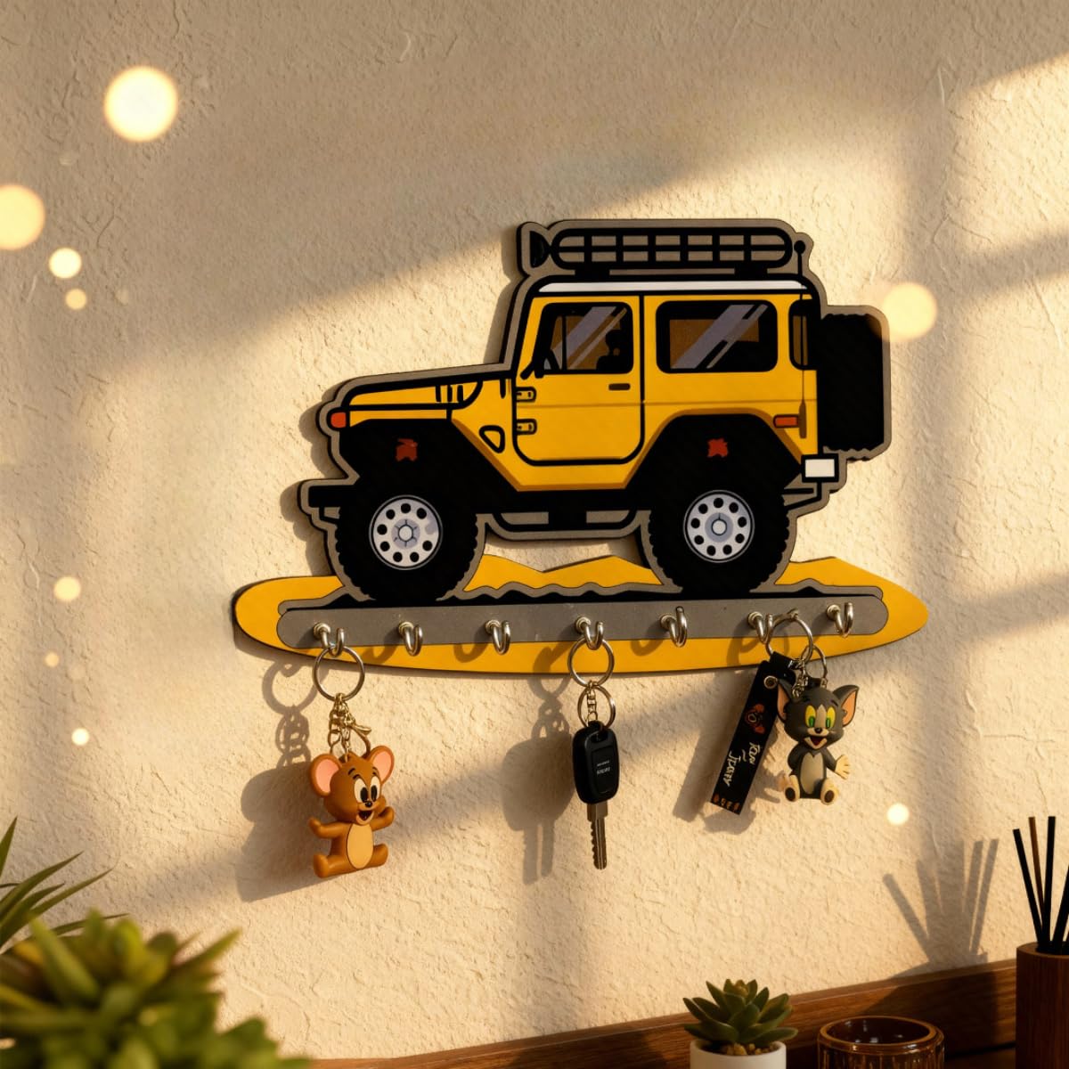 Meet Decor Key Holder For Wall  Yellow OffRoad Car Wooden Key Hanger With 7 Metal Hooks  Mdf Wall Mounted Key Stand & Entryway