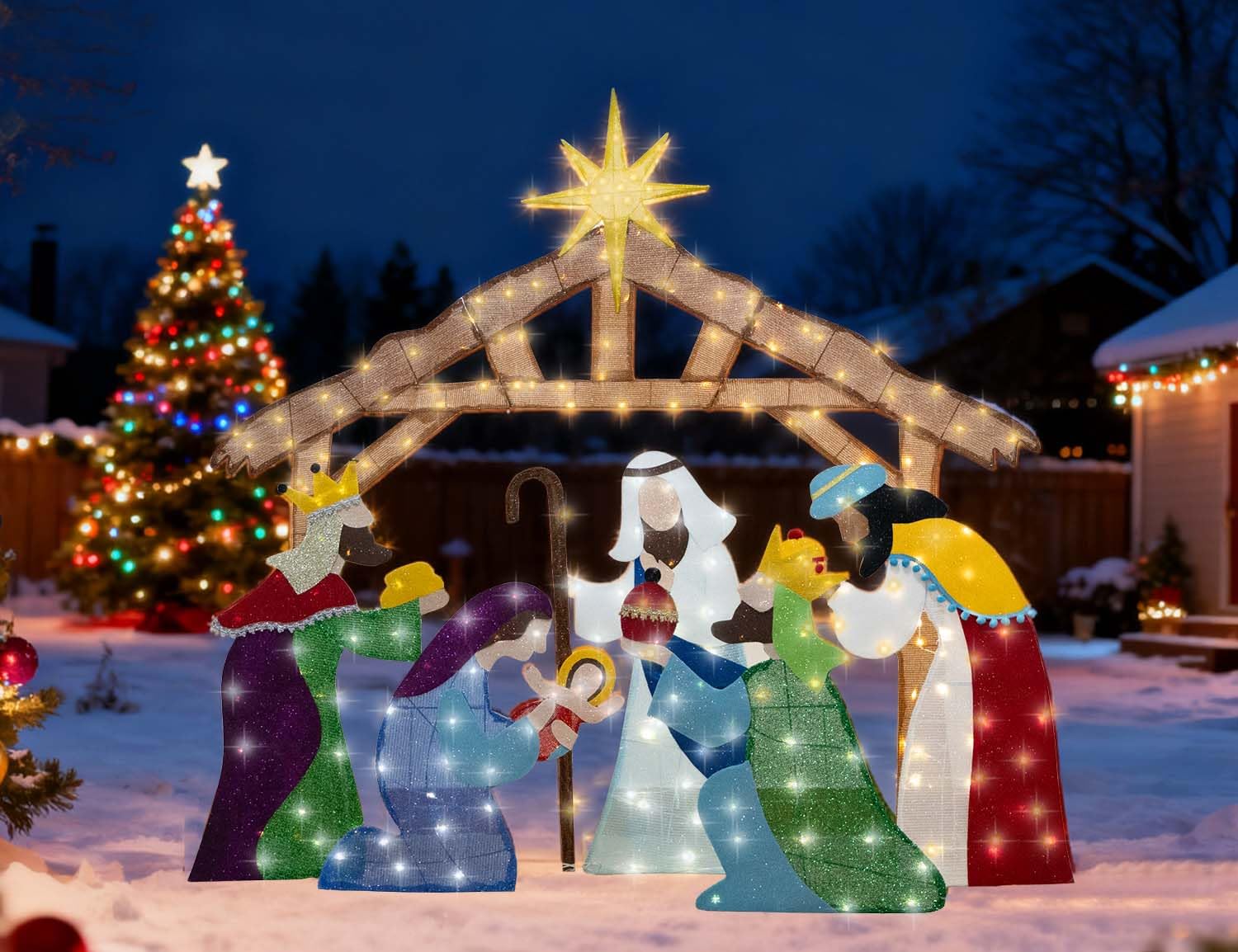Execabe 5FT Lighted Nativity Scene Outdoor, Holy Family Christmas Set with 235 LED Lights,Large Christmas Manger Scene Decoratio