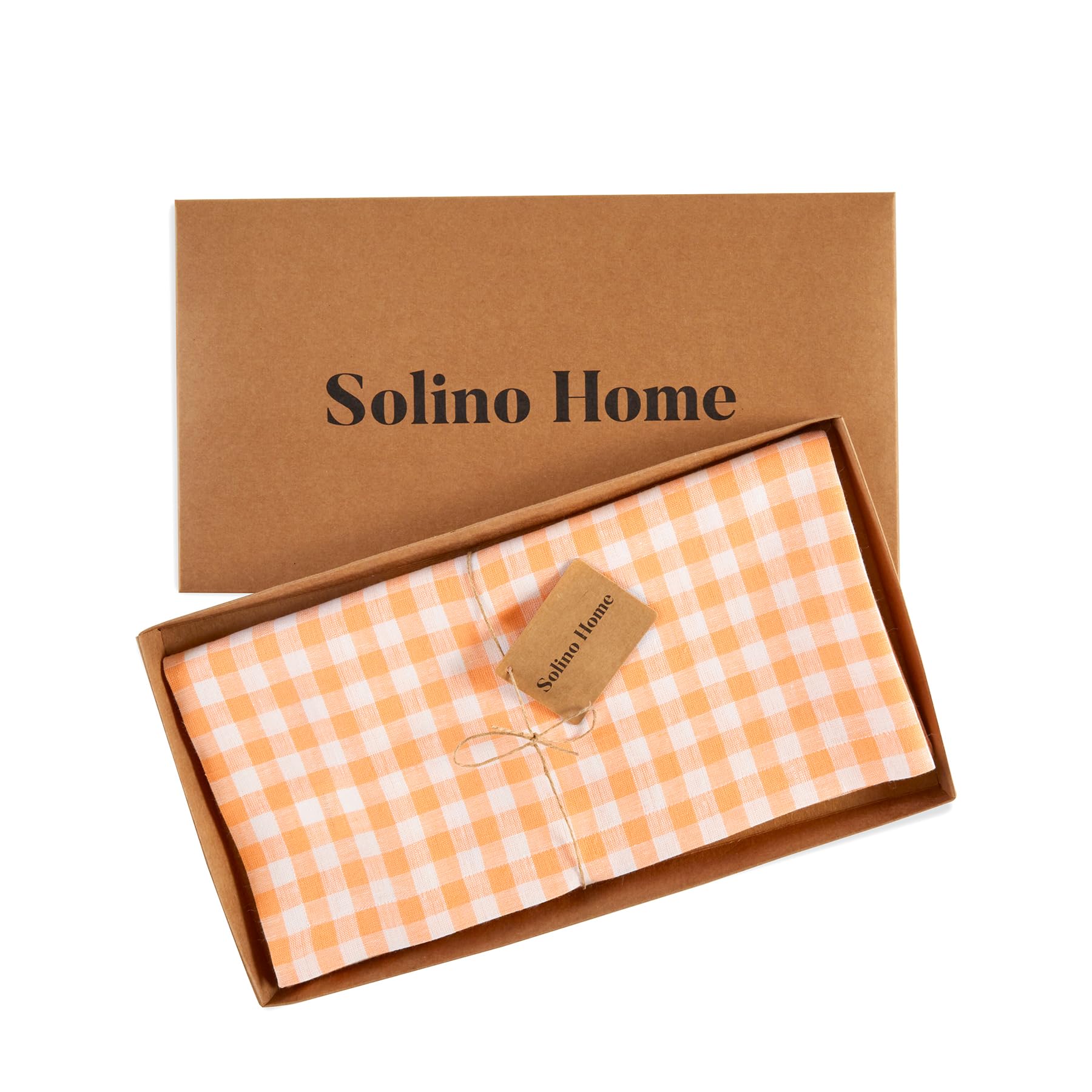 Solino Home Check Linen Square Tablecloth 52 X 52 Inch - 100% Pure Linen Sunny Orange Plaid Table Throw - Gingham Check, Machine