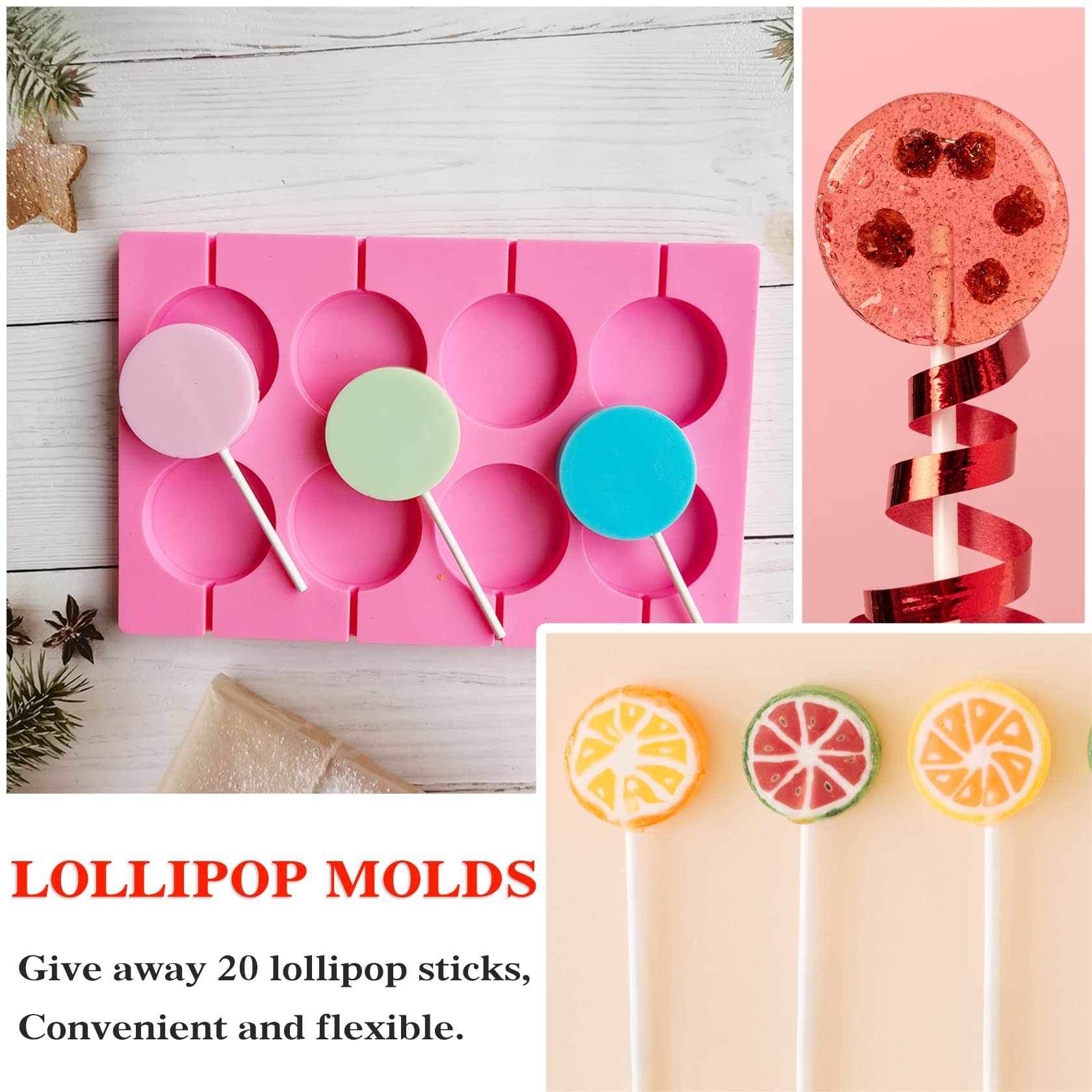 Silicone Lollipop Molds Candy Molds Silicone Sucker Molds Hard Candy Mold & 8 Rounds Nonstick Lollipop Mold With 20 Sticks For C