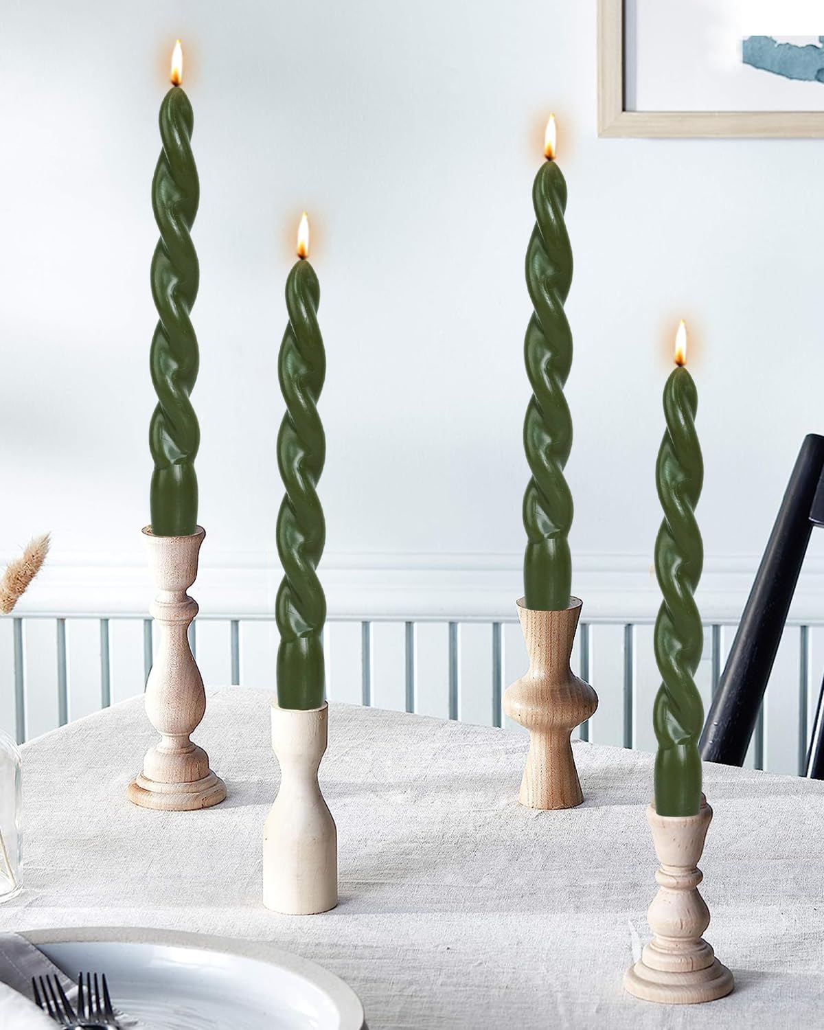 Olive Green Spiral Taper Candle Twisted Candlesticks Unscented Smokeless for Holiday Dinner Party Christmas Decorations-7.5inch-