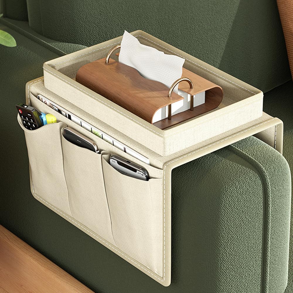Jaugufiy Sofa Armrest Tray Organizer - Couch Arm Storage Bag with Anti-Spill Remote Control and Cellphone Holder (White)
